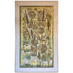 Signed Silk Batik Textile Contemporary Art Painting 1950s Framed