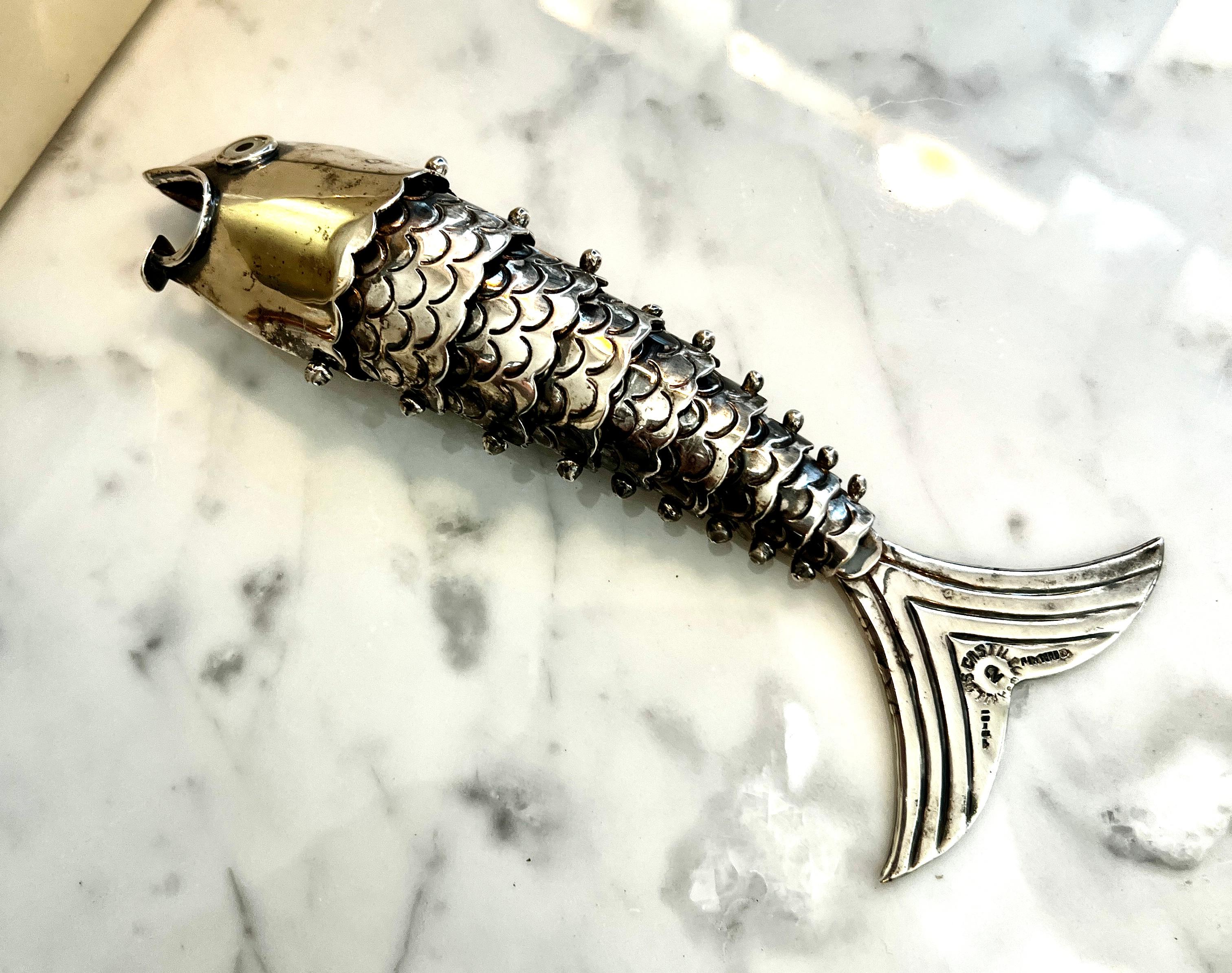 Mid-Century Modern Signed Silver Plated Mexican Articulated Fish Bottle Opener by Los Castillo  For Sale
