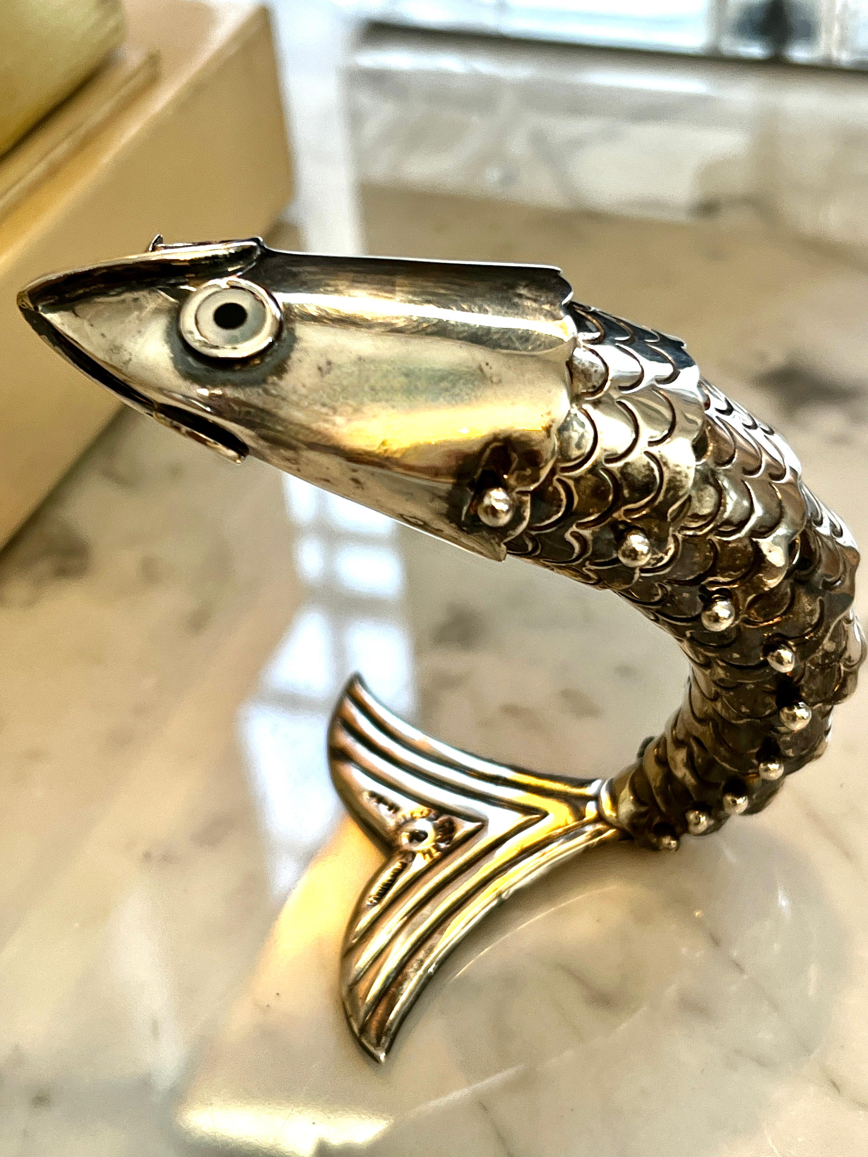 20th Century Signed Silver Plated Mexican Articulated Fish Bottle Opener by Los Castillo  For Sale