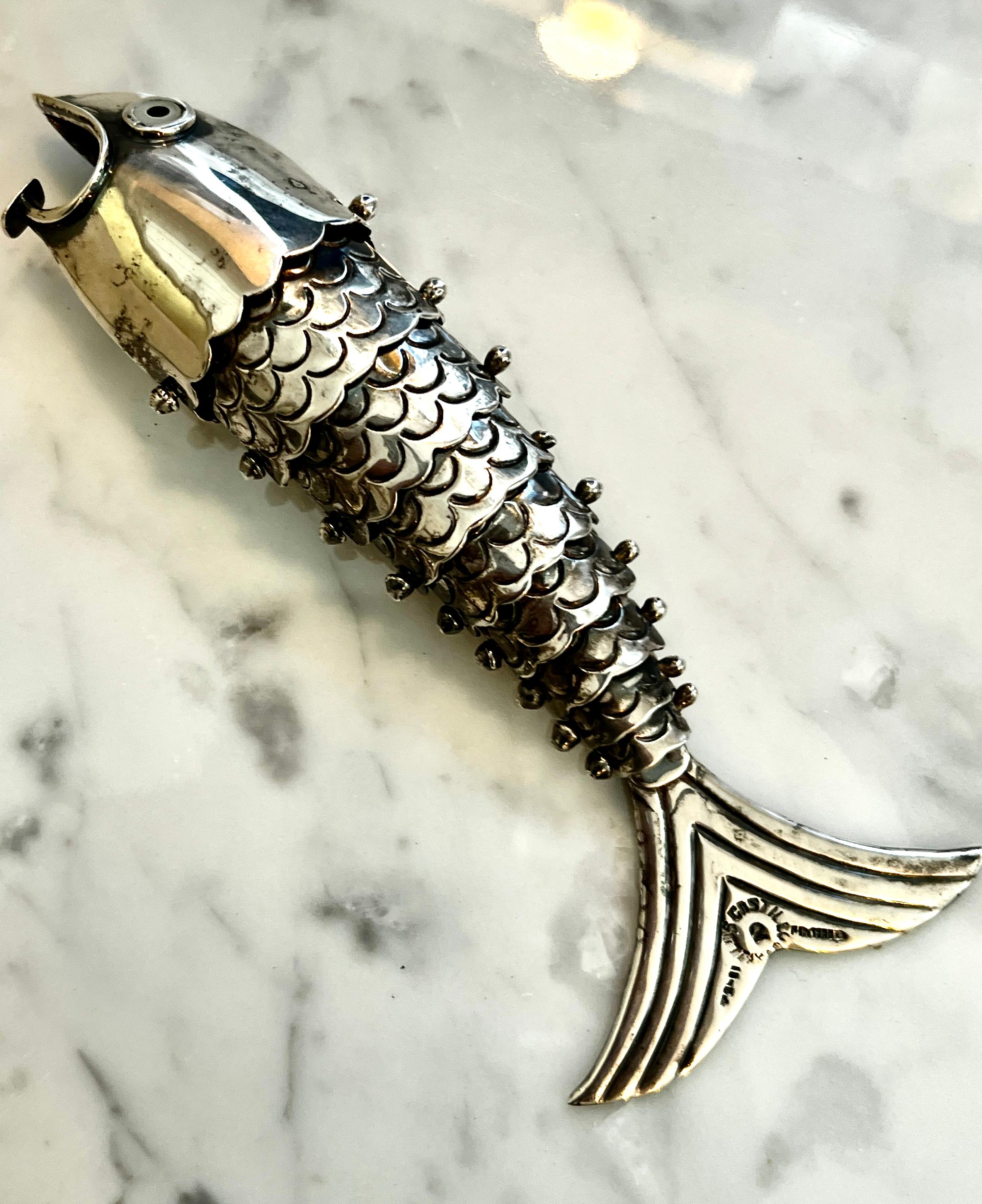 Signed Silver Plated Mexican Articulated Fish Bottle Opener by Los Castillo  For Sale 1