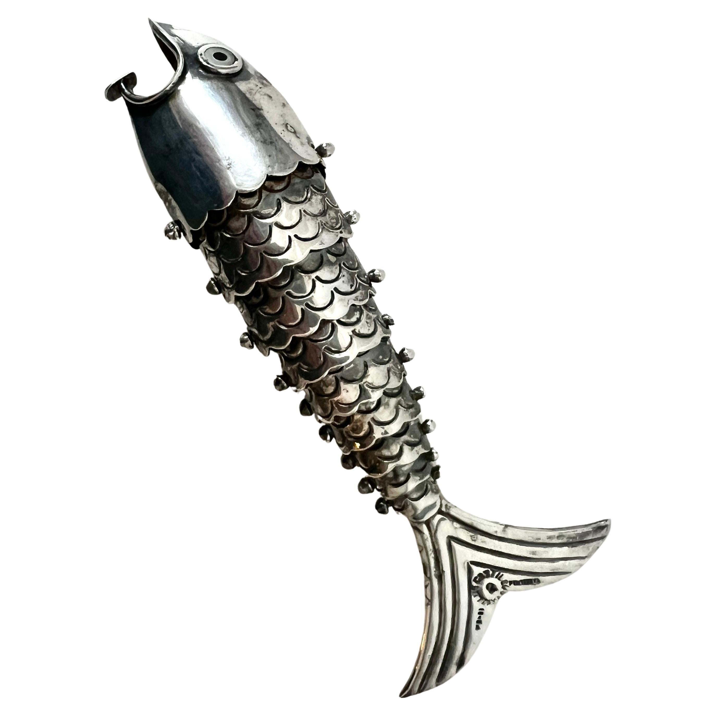 Signed Silver Plated Mexican Articulated Fish Bottle Opener by Los Castillo  For Sale