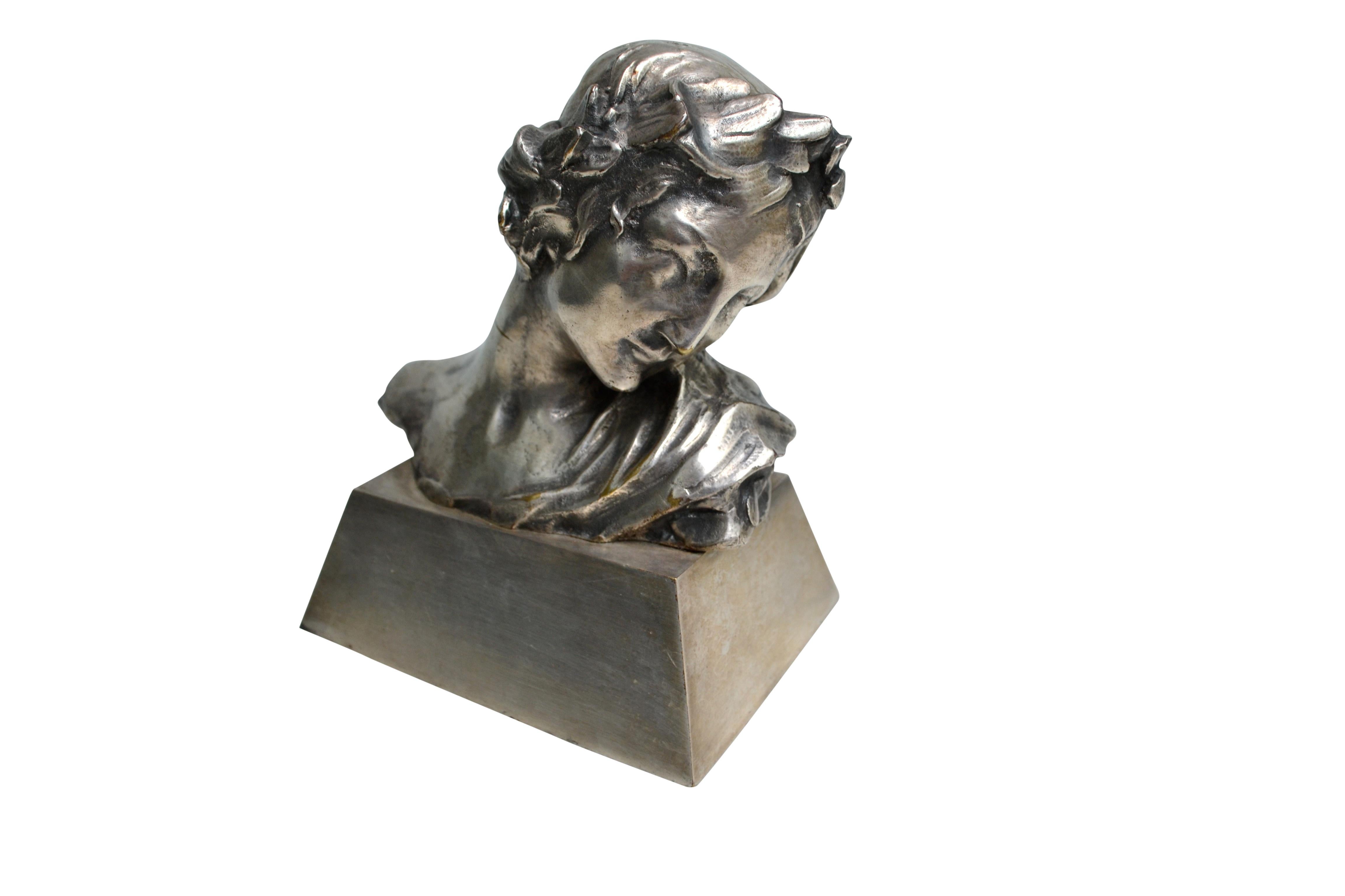 French Signed Silvered Bronze Art Nouveau Bust of a Woman