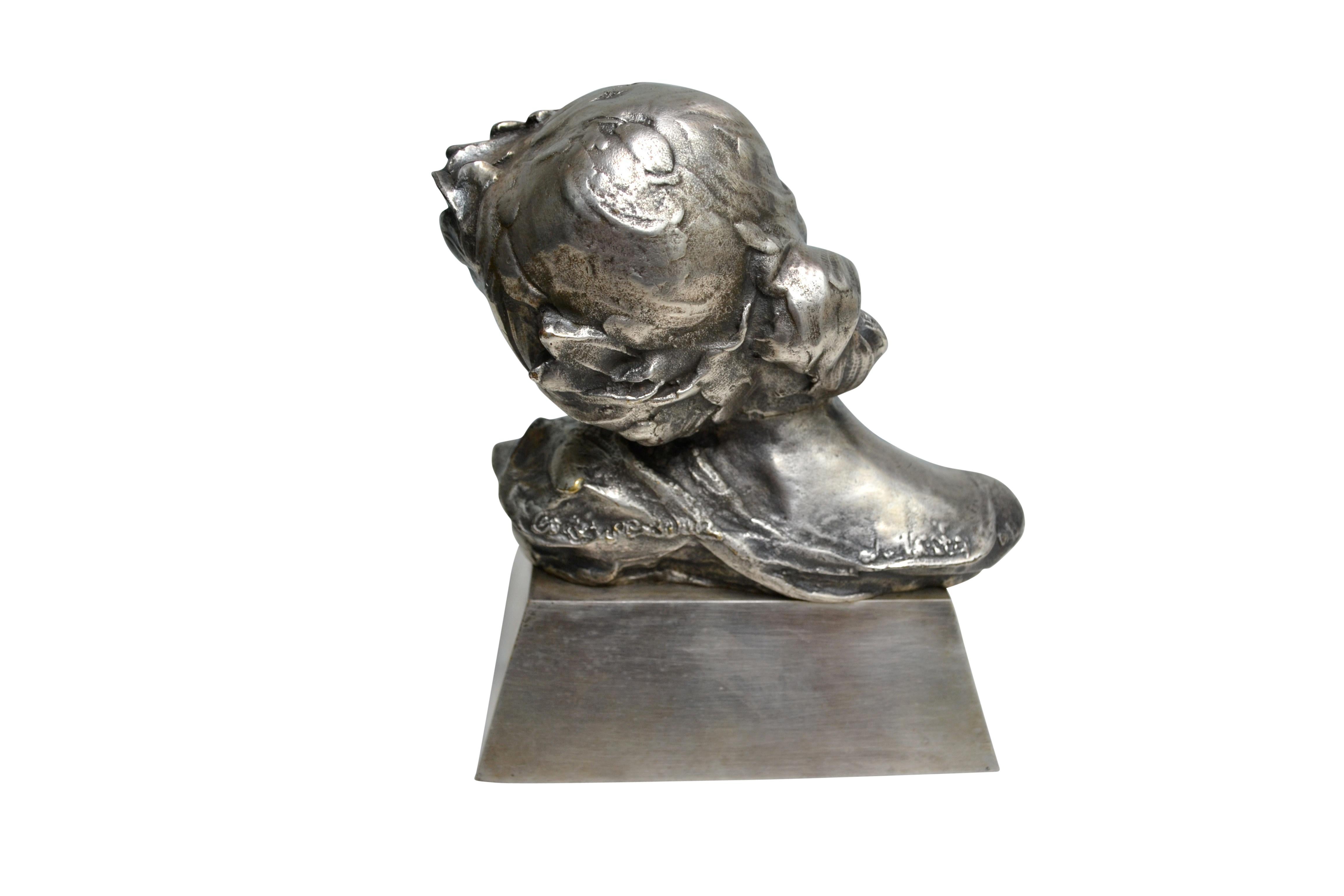 Signed Silvered Bronze Art Nouveau Bust of a Woman In Good Condition In Vancouver, British Columbia