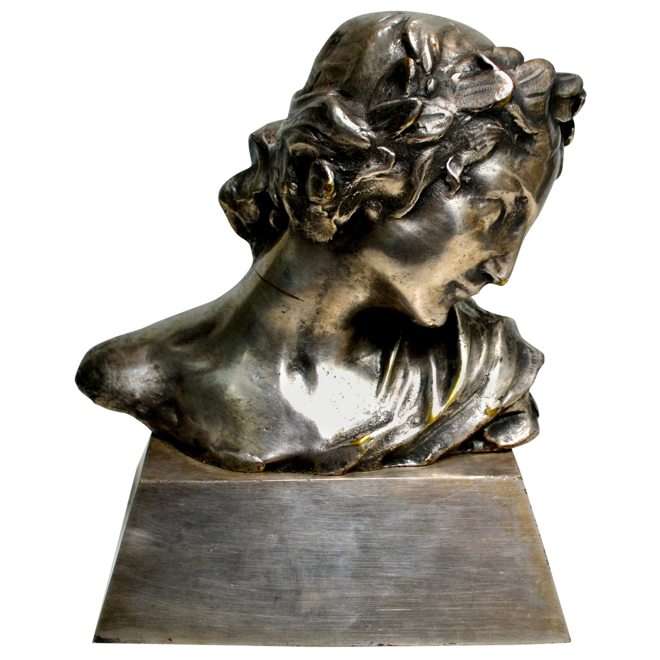 Signed Silvered Bronze Art Nouveau Bust of a Woman