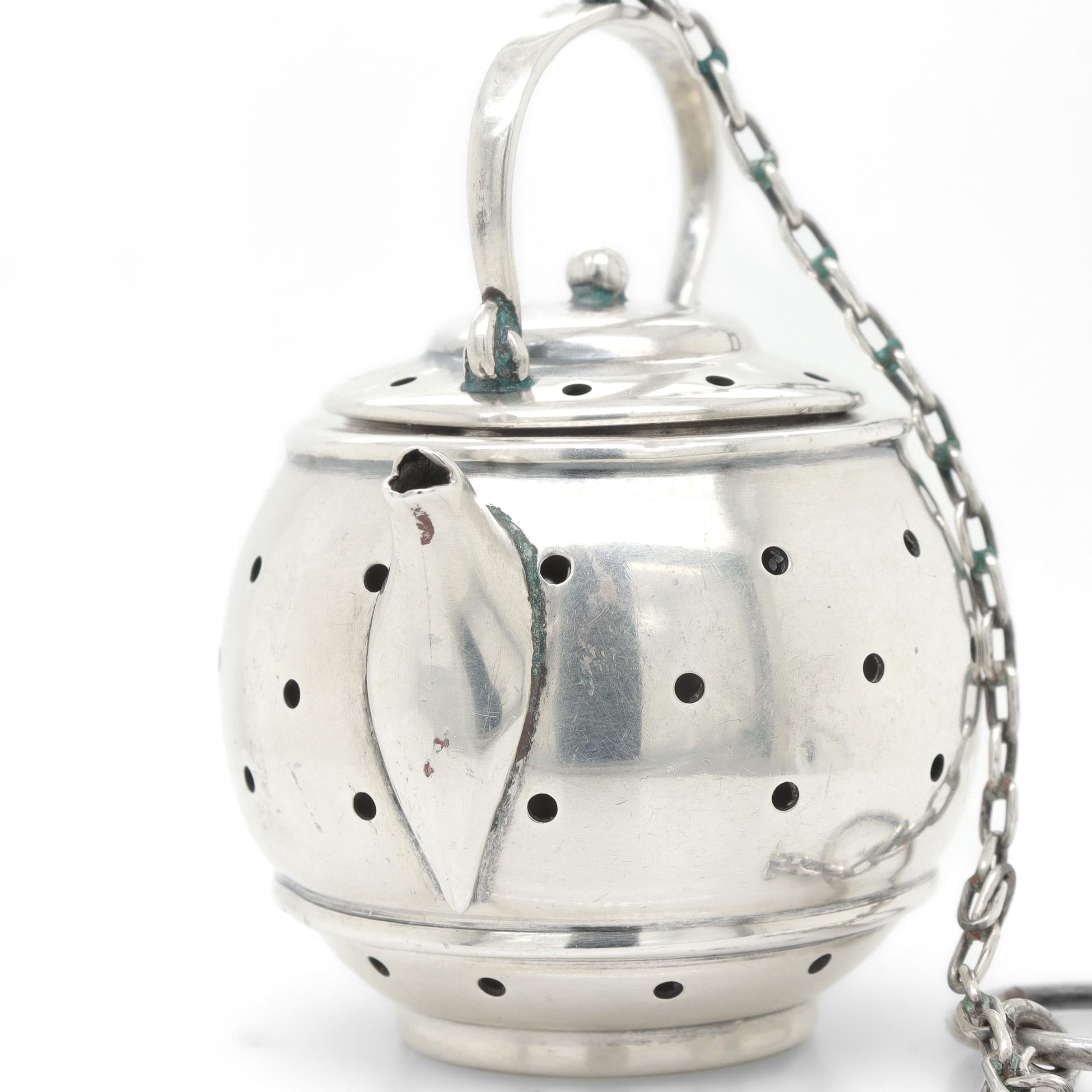 Signed Simons Brothers Figural Sterling Silver Miniature Teapot Tea Strainer For Sale 9