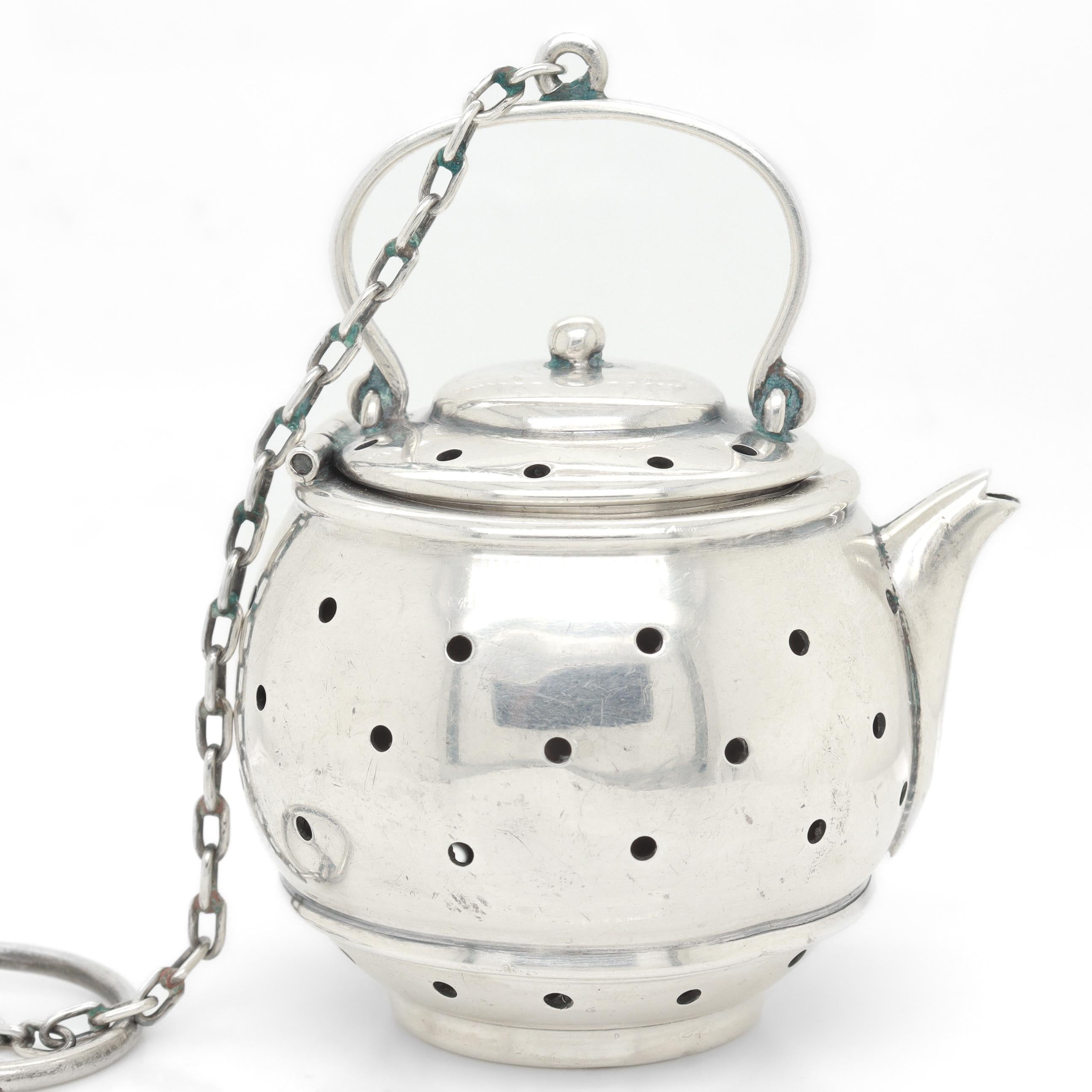 Signed Simons Brothers Figural Sterling Silver Miniature Teapot Tea Strainer For Sale 10
