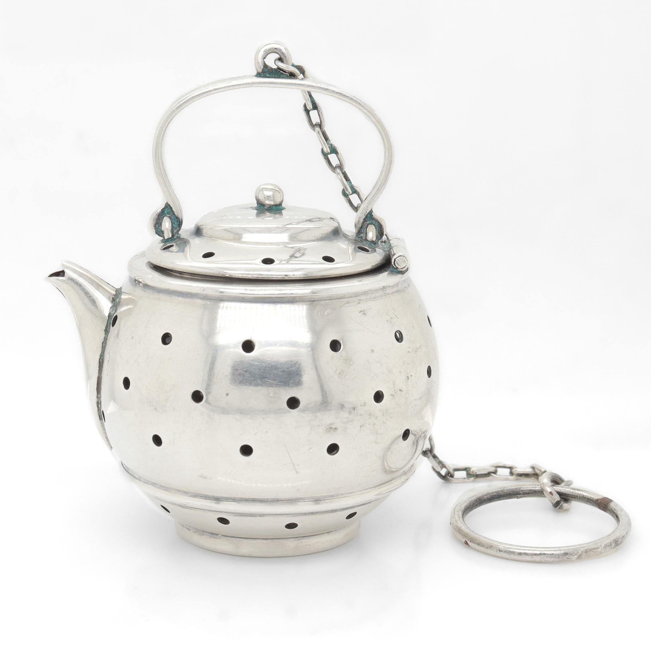 American Signed Simons Brothers Figural Sterling Silver Miniature Teapot Tea Strainer For Sale
