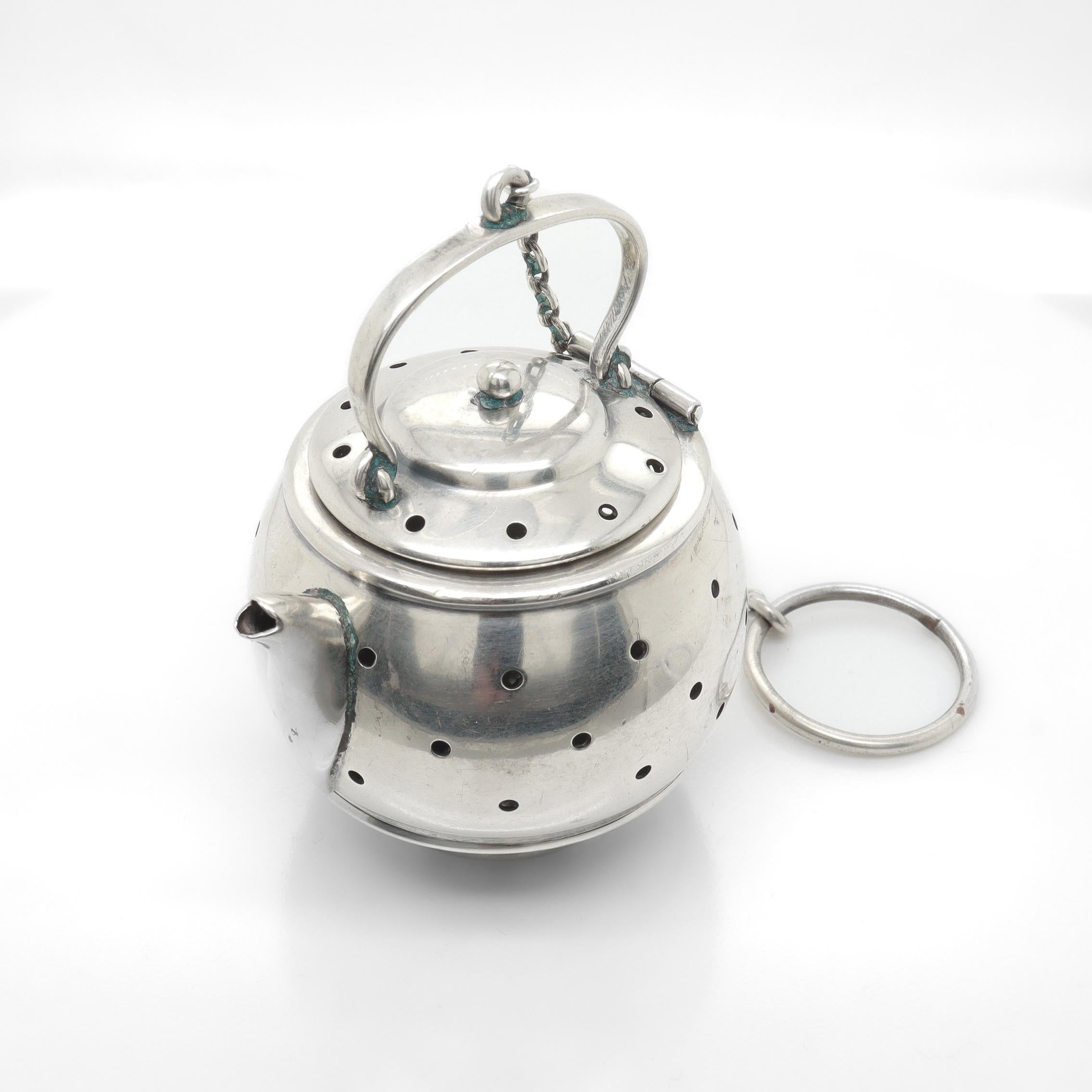 Signed Simons Brothers Figural Sterling Silver Miniature Teapot Tea Strainer For Sale 3