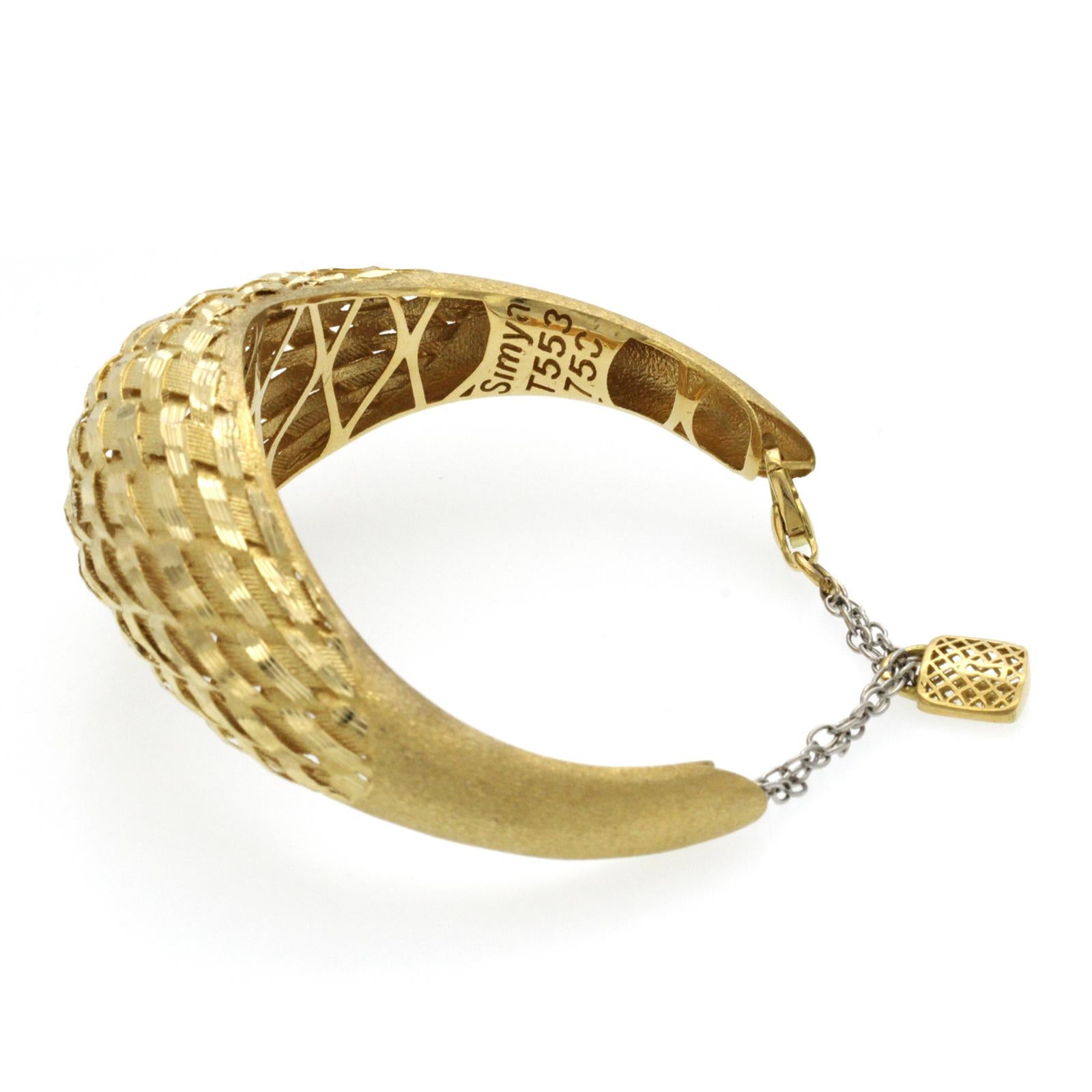 Signed Simya 18K Yellow Gold Diamond Cut Braided Cuff Bracelet In Excellent Condition For Sale In Los Angeles, CA