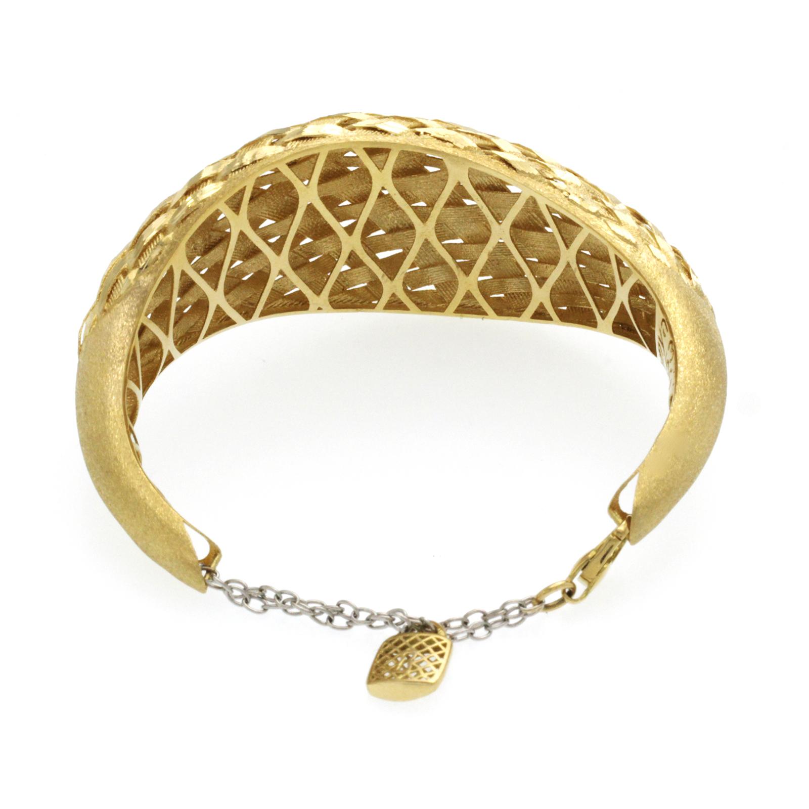 Women's or Men's Signed Simya 18K Yellow Gold Diamond Cut Braided Cuff Bracelet For Sale