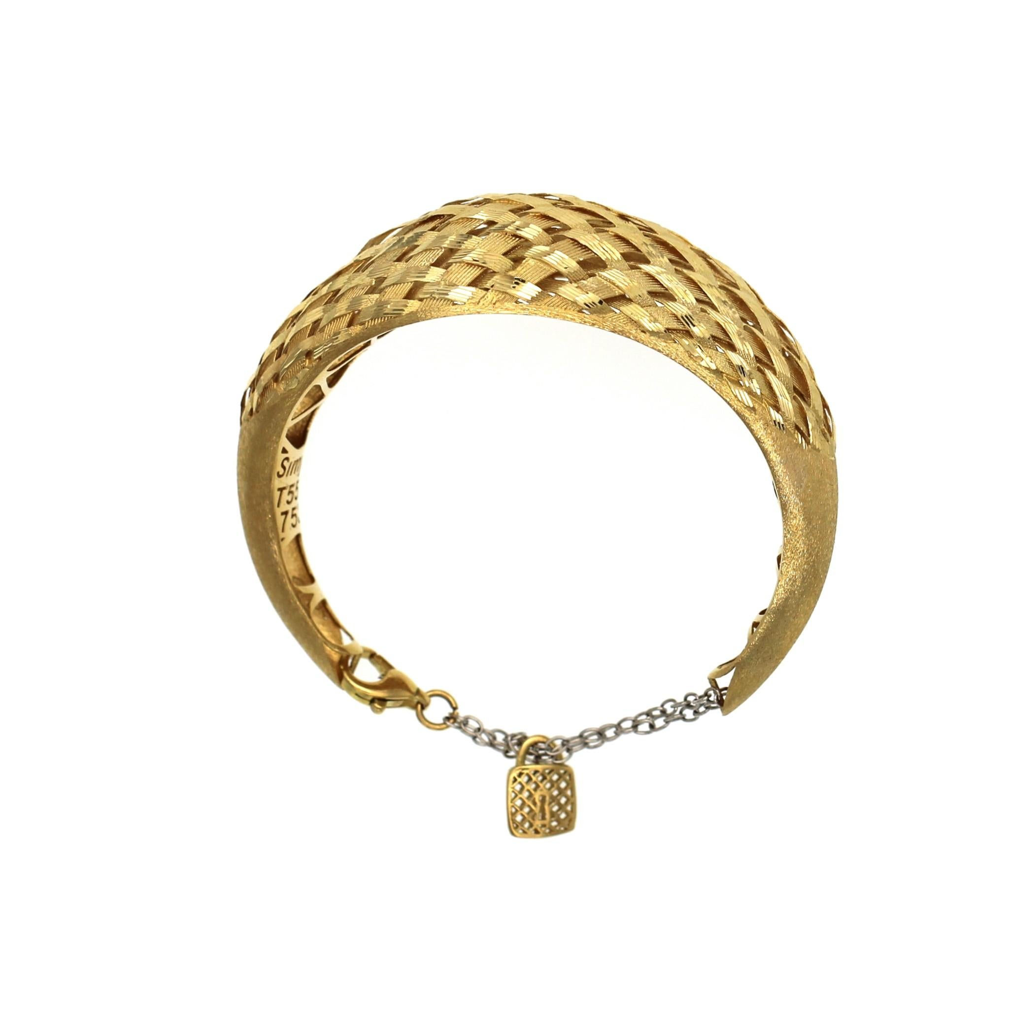 Signed Simya 18K Yellow Gold Diamond Cut Braided Cuff Bracelet For Sale 1