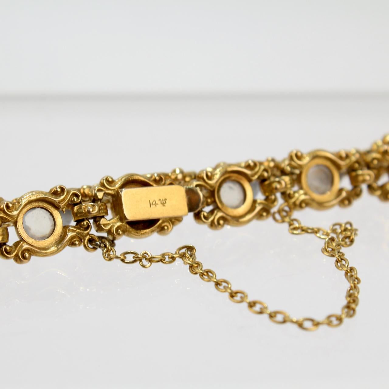 Signed Sloan & Co. Edwardian 14 Karat Gold and Moonstone Link Bracelet 7