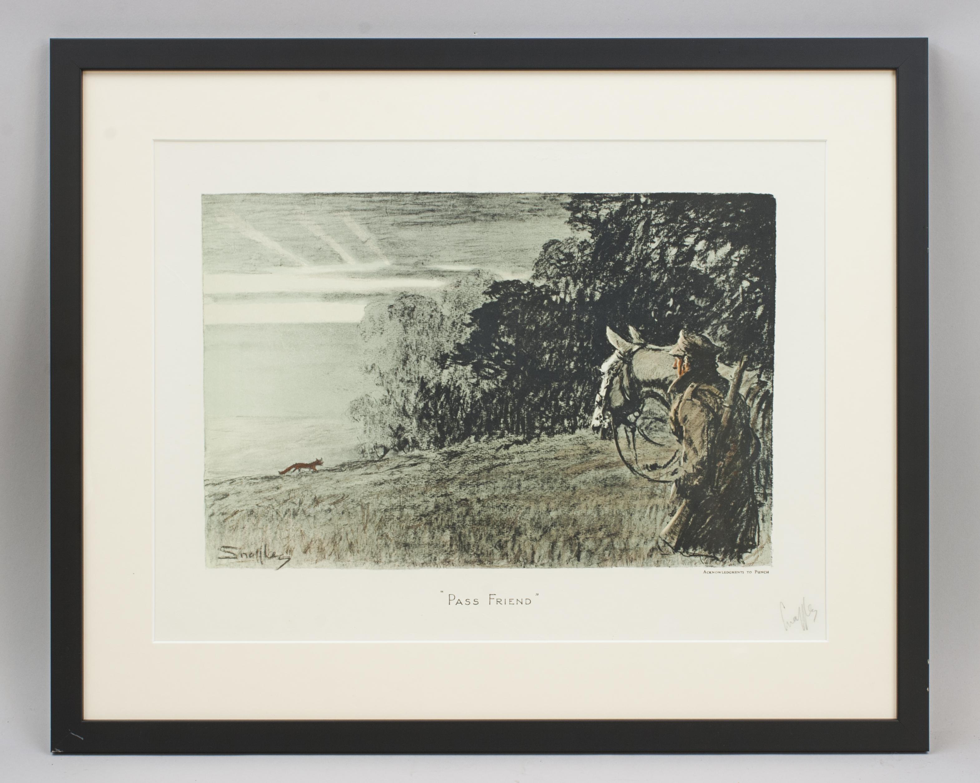 Vintage Snaffles Hunting Print, Pass Friend.
A signed Snaffles photolithograph titled 'Pass Friend'. The main image depicts a fox passing in front of Charlie White of the Home Guard. The print is with a Snaffles signature in pencil, and