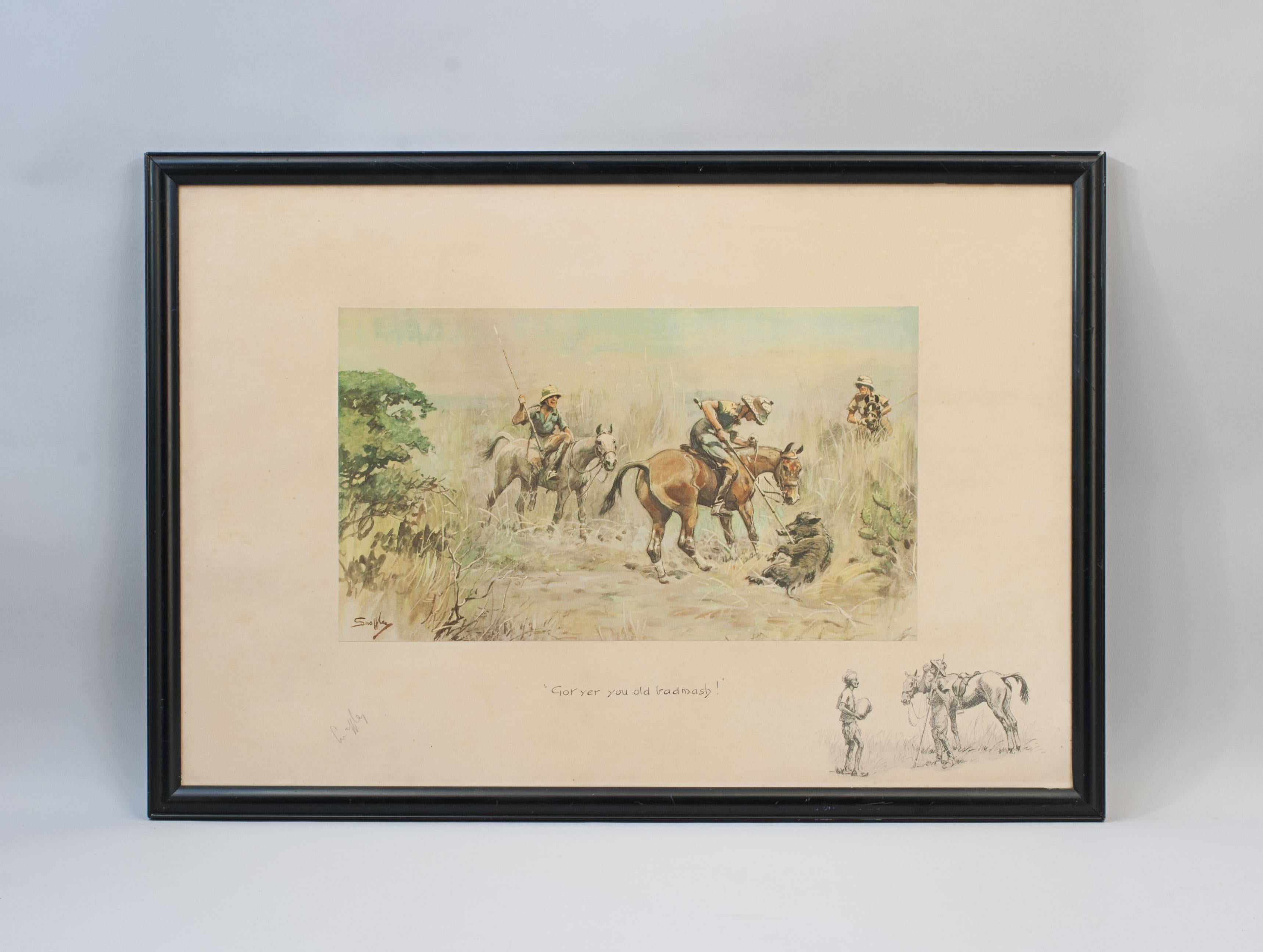 Got Yer You Old Badmash! By Snaffles, Pig Sticking.
A fine signed Snaffles Pigsticking lithograph titled 'Got Yer You Old Badmash!'. This picture depicts a rider spearing a pig from horse back. Another rider is dismounting to help whilst another can