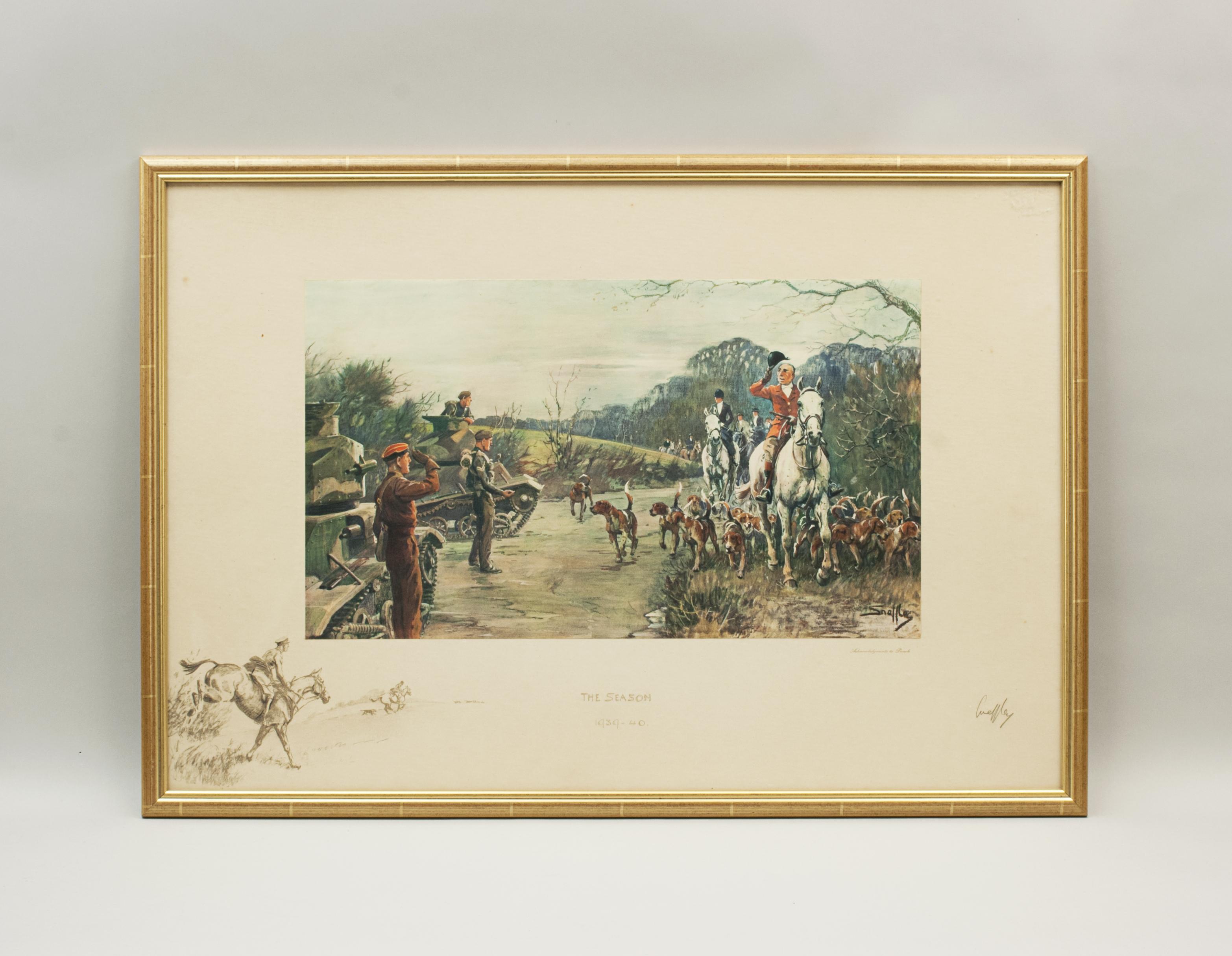 Vintage Snaffles Hunting Print, The Season.
A large Snaffles photolithograph entitled 'The Season, 1939 - 40'. The main image depicts the hunt with the hounds passing two parked 4/7th tanks, one of the soldiers saluting whilst the lead huntsman