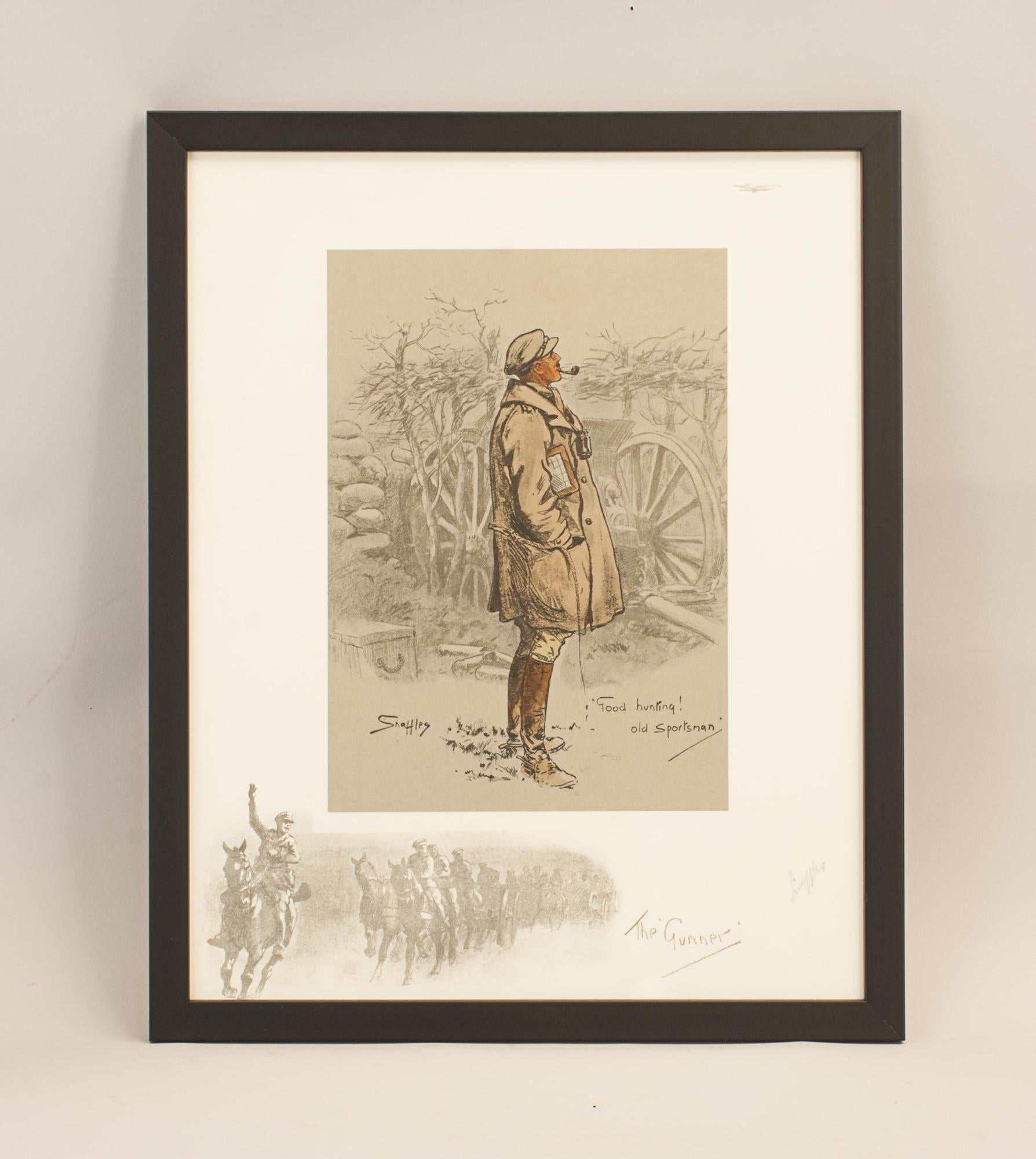Snaffles WWI Military Print, The Gunner.
A good Snaffles WWI military print entitled 'The 'Gunner' with artist signature in pencil in the bottom right-hand margin. It is a hand coloured lithograph and shows the Gunner looking up at a passing plane
