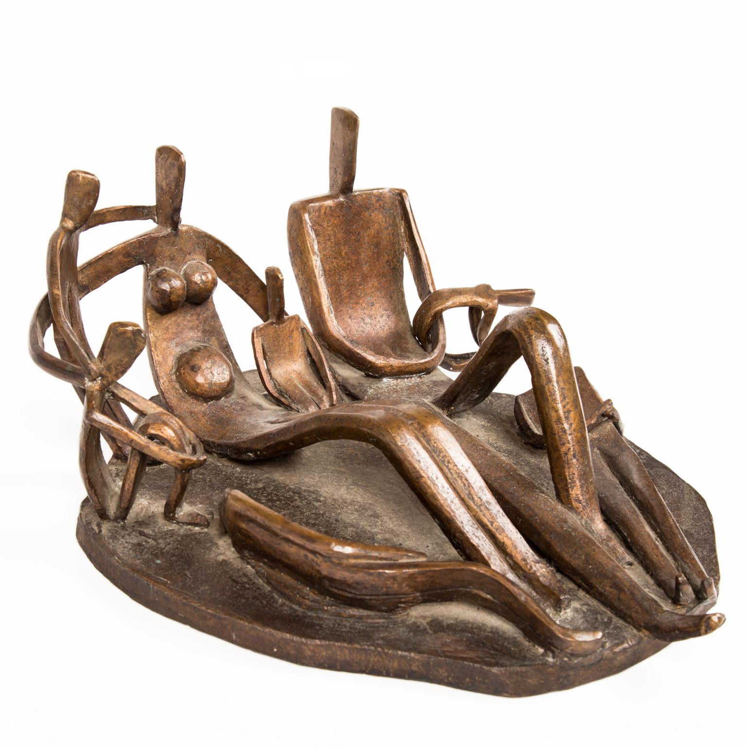 Signed Solid Bronze Cubist Sculpture of Family by Dudley Pratt In Good Condition For Sale In Littleton, CO