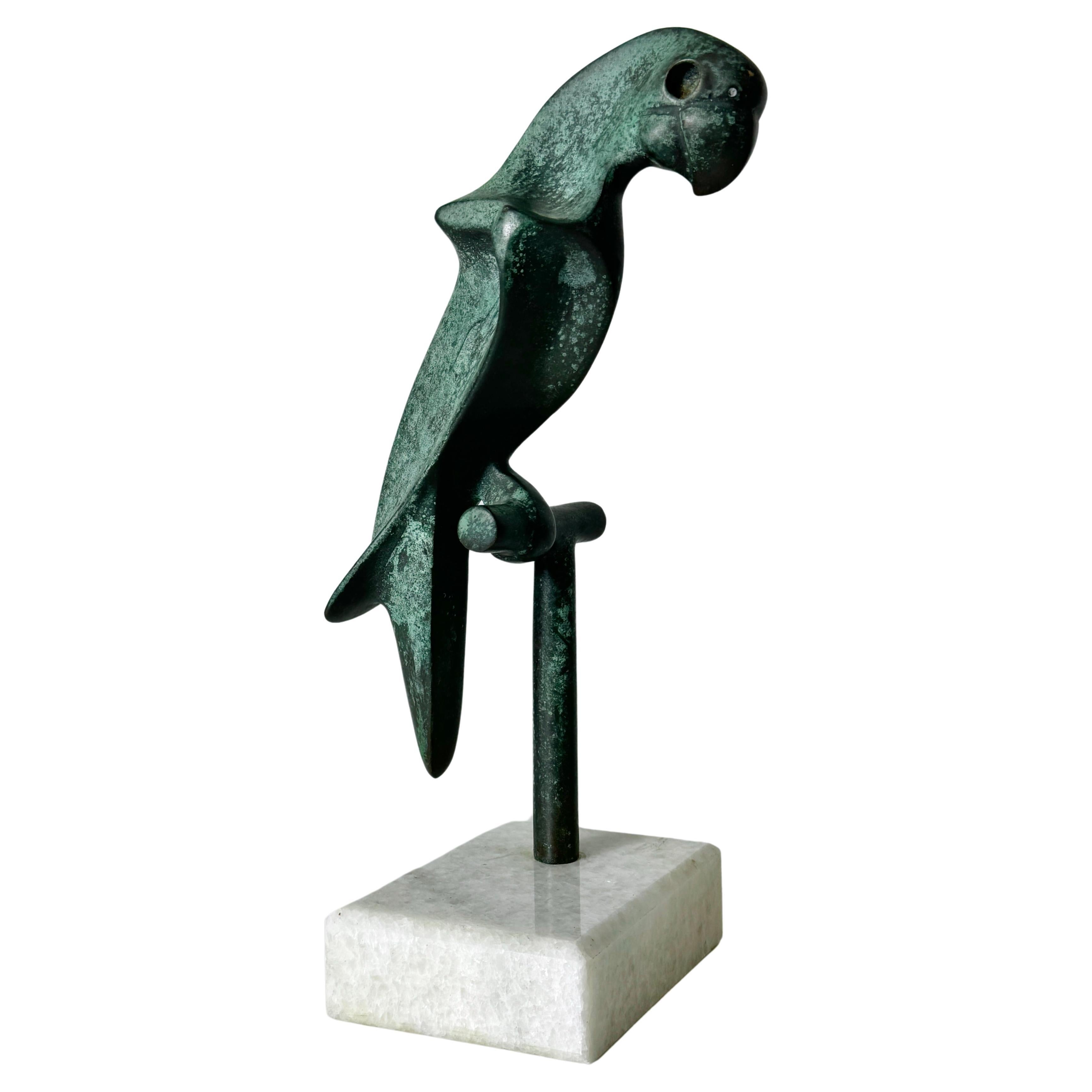 Signed Somchai Verdigris Bronze Brutalist Parrot Sculpture on Marble Base 1970s For Sale