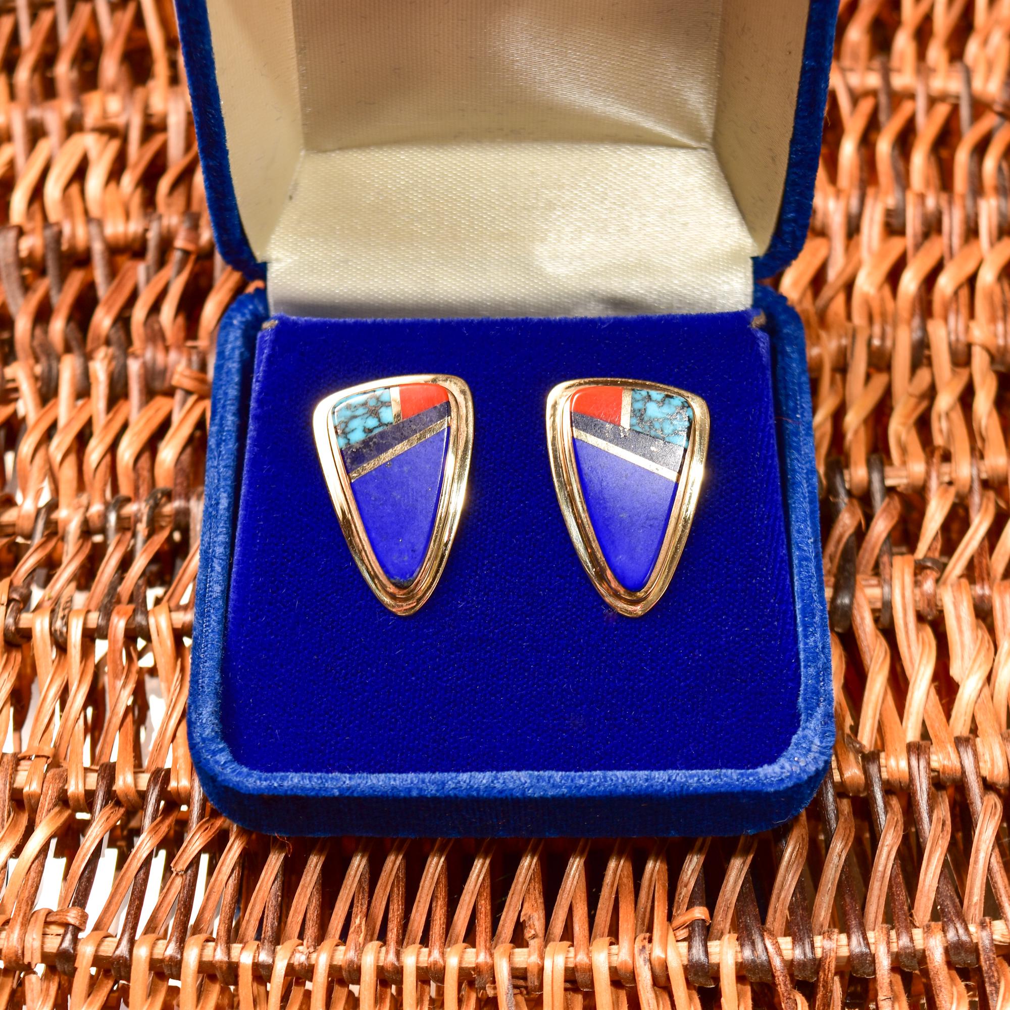 An iconic pair of Sonwai 14K inlay stud earrings by recognized Native American Indian lapidary artist, Verma Nequatewa. Verma learned her craft from her uncle, Charles Loloma, a renowned and influential 20th century Hopi Native American artist.