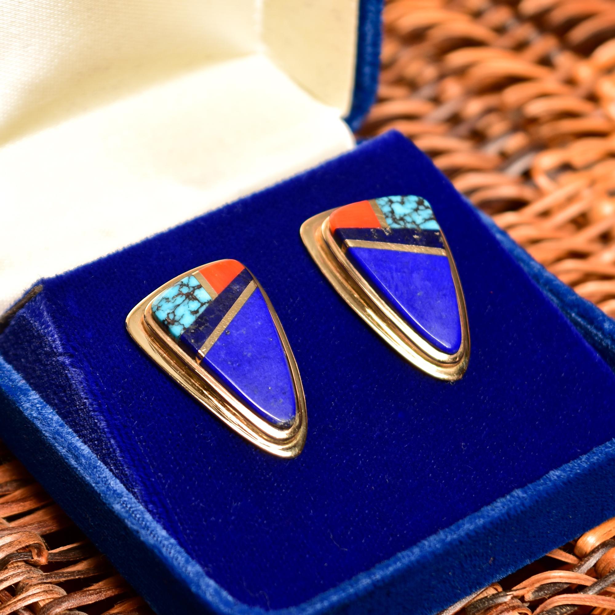 Uncut Signed Sonwai 14K Inlay Hopi Earrings For Sale