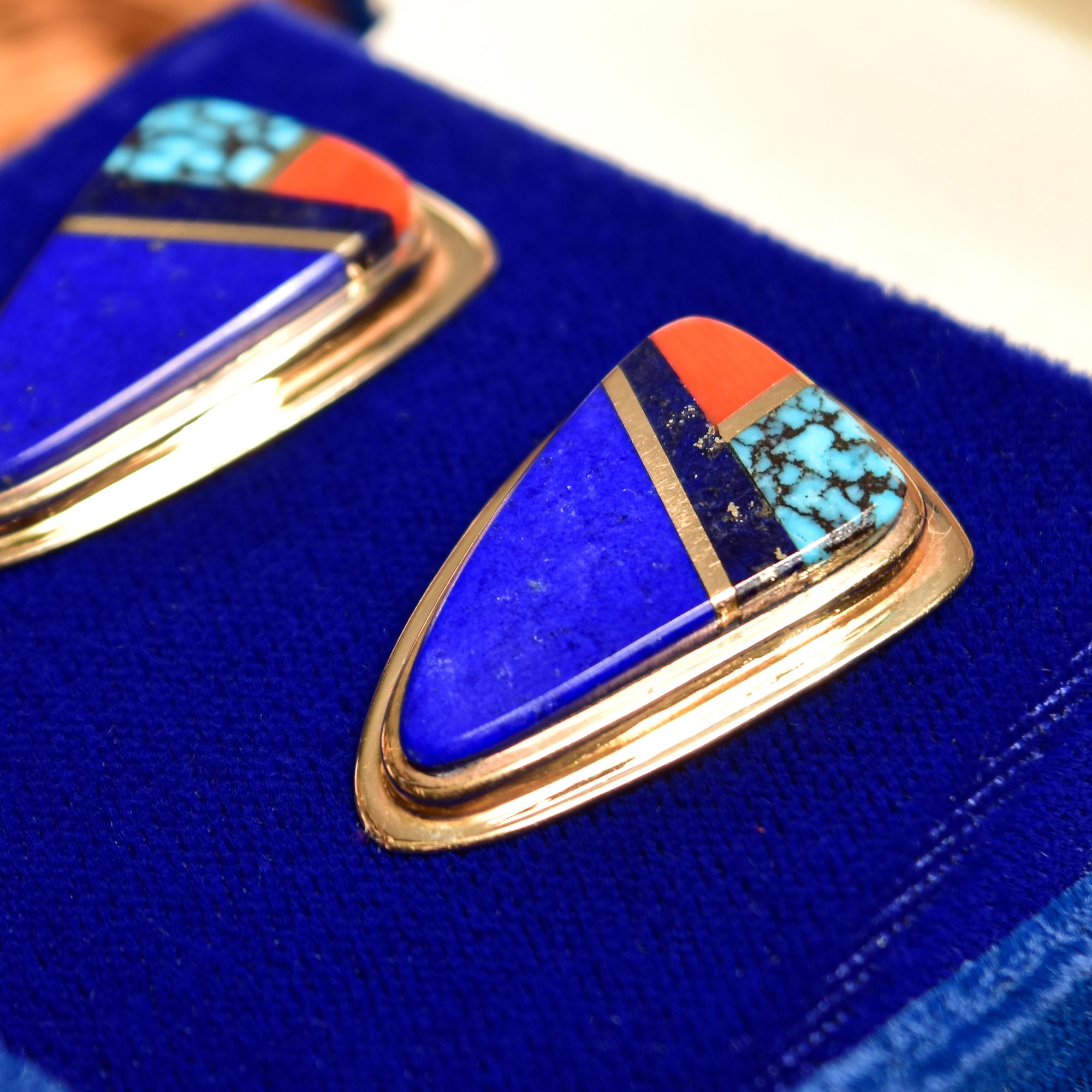 Signed Sonwai 14K Inlay Hopi Earrings In Good Condition For Sale In Philadelphia, PA