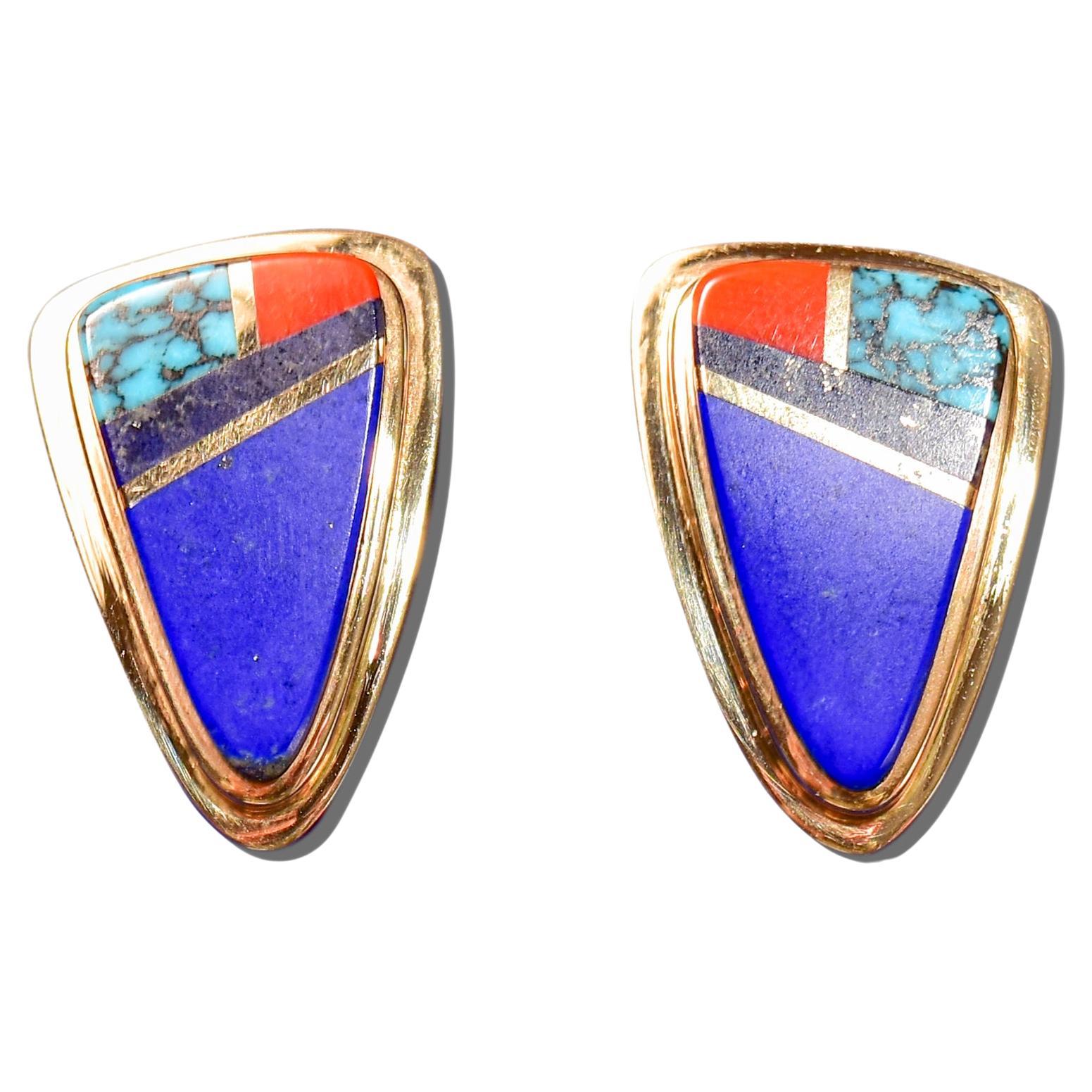Signed Sonwai 14K Inlay Hopi Earrings For Sale
