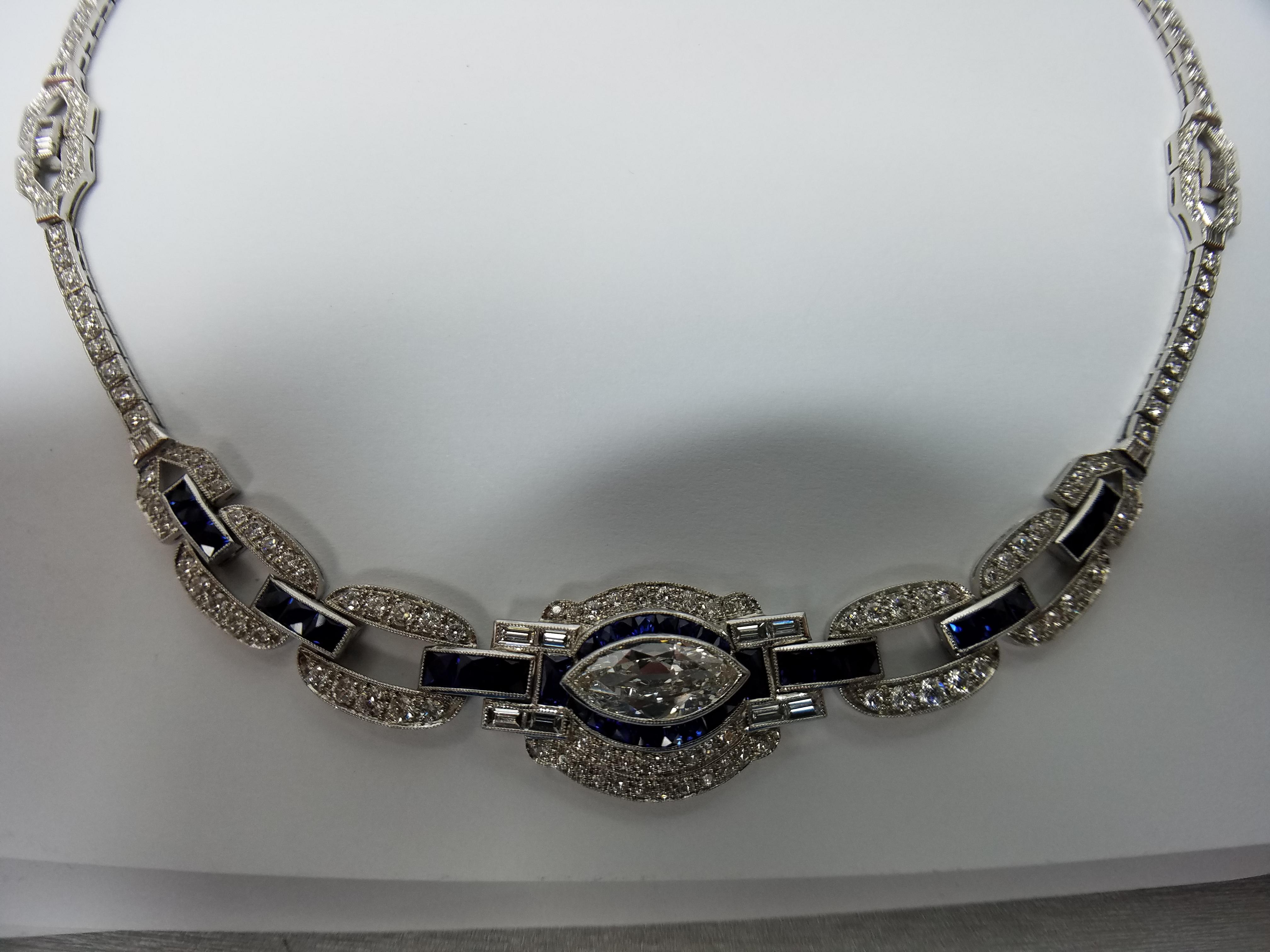 Art Deco Signed Sophia D Platinum Necklace with Diamond and Sapphire