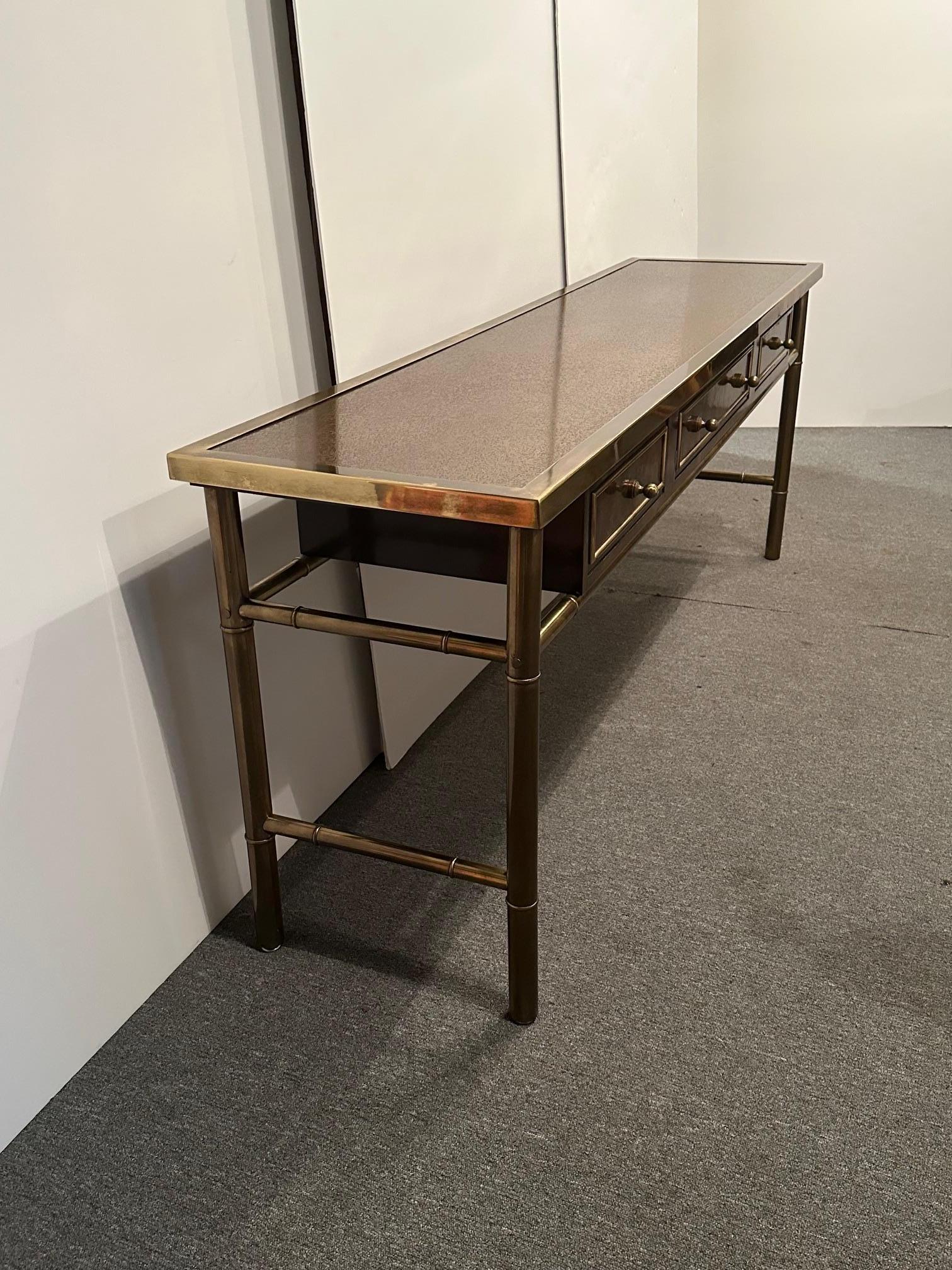 Signed Sophisticated Mastercraft Brass & Burl Carpathian Faux Bamboo Console 6