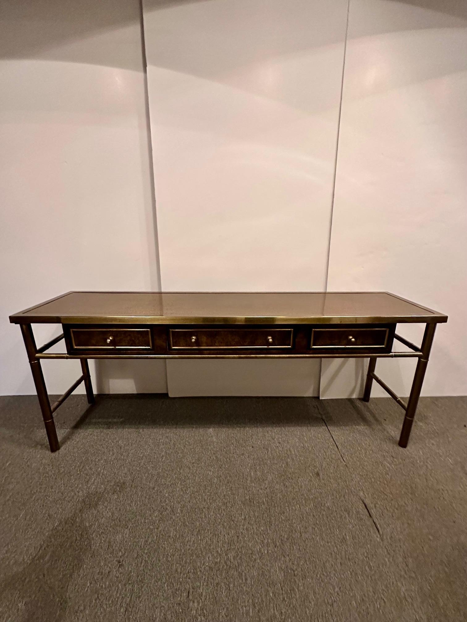 Signed Sophisticated Mastercraft Brass & Burl Carpathian Faux Bamboo Console 7