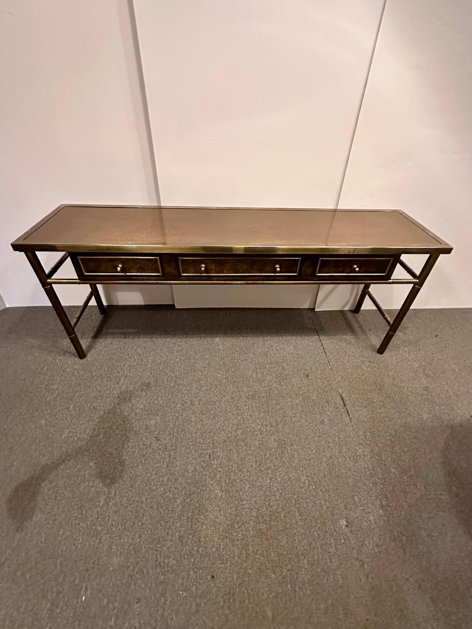 Signed Sophisticated Mastercraft Brass & Burl Carpathian Faux Bamboo Console 8