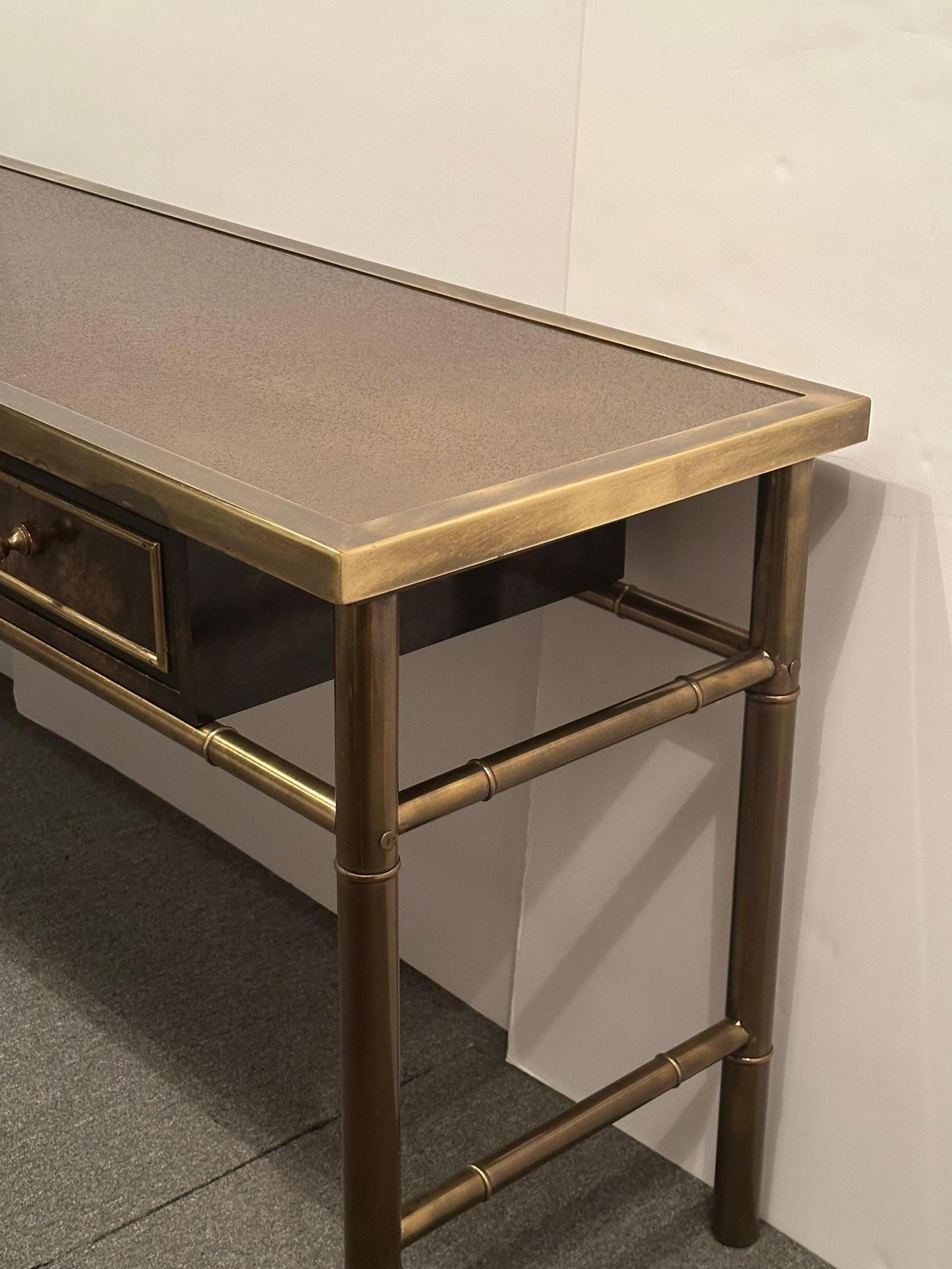 Signed Sophisticated Mastercraft Brass & Burl Carpathian Faux Bamboo Console 10