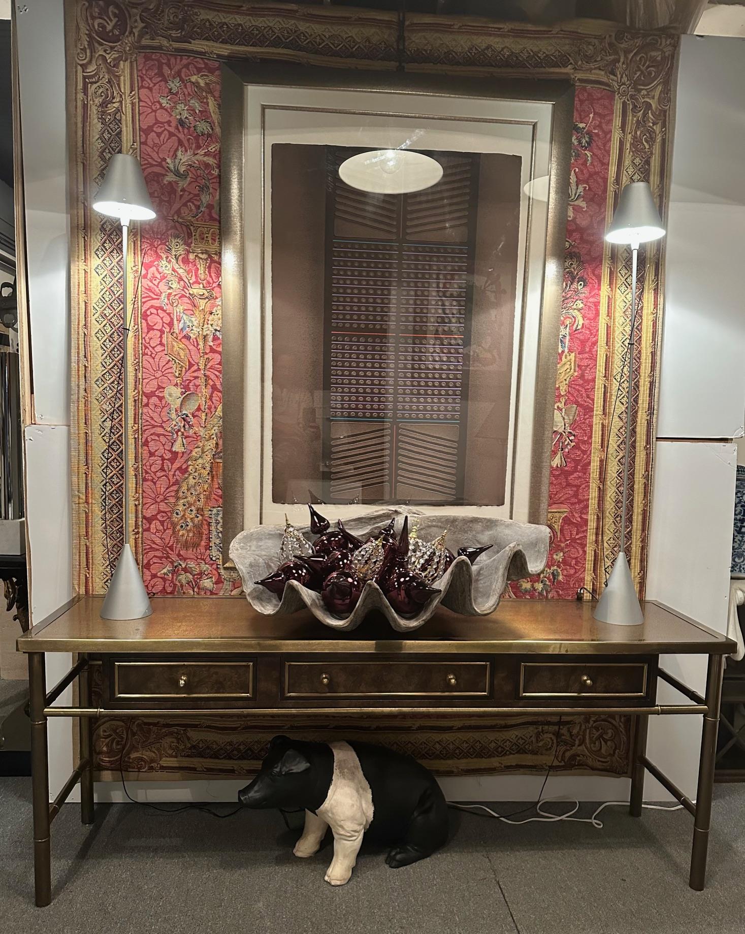 Mid-Century Modern Signed Sophisticated Mastercraft Brass & Burl Carpathian Faux Bamboo Console