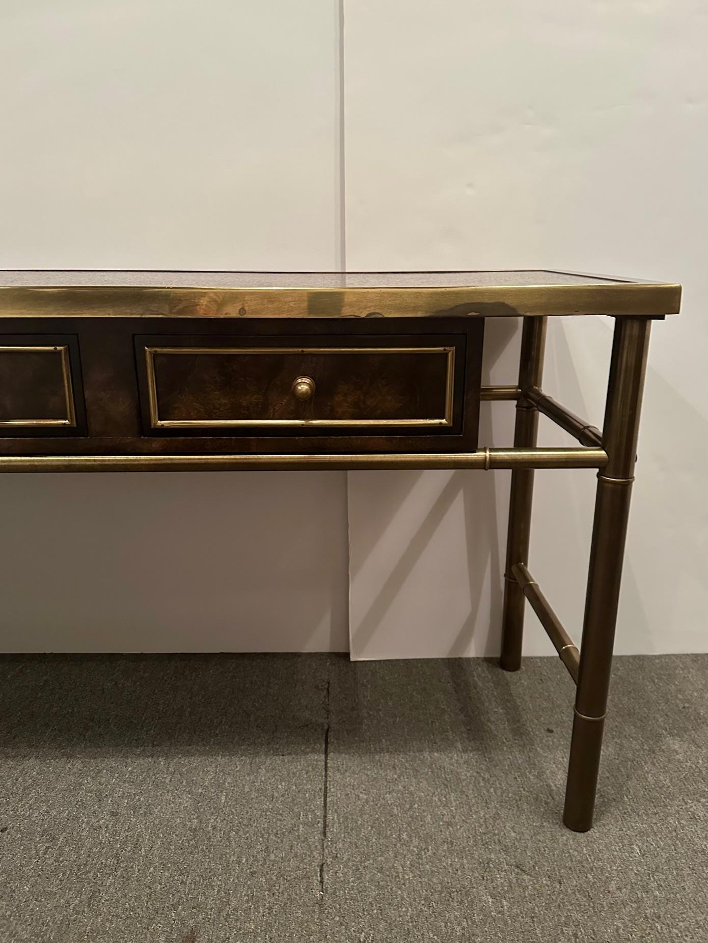American Signed Sophisticated Mastercraft Brass & Burl Carpathian Faux Bamboo Console