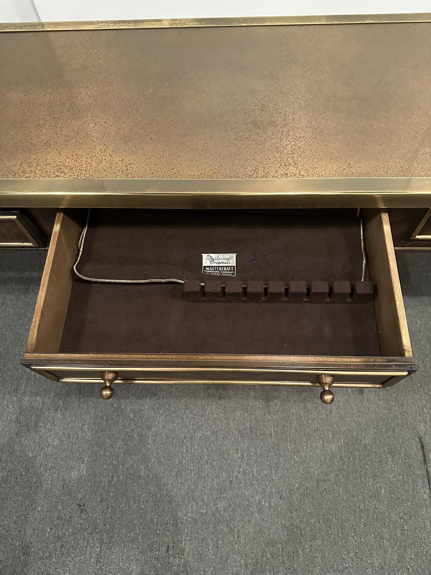 Signed Sophisticated Mastercraft Brass & Burl Carpathian Faux Bamboo Console 1