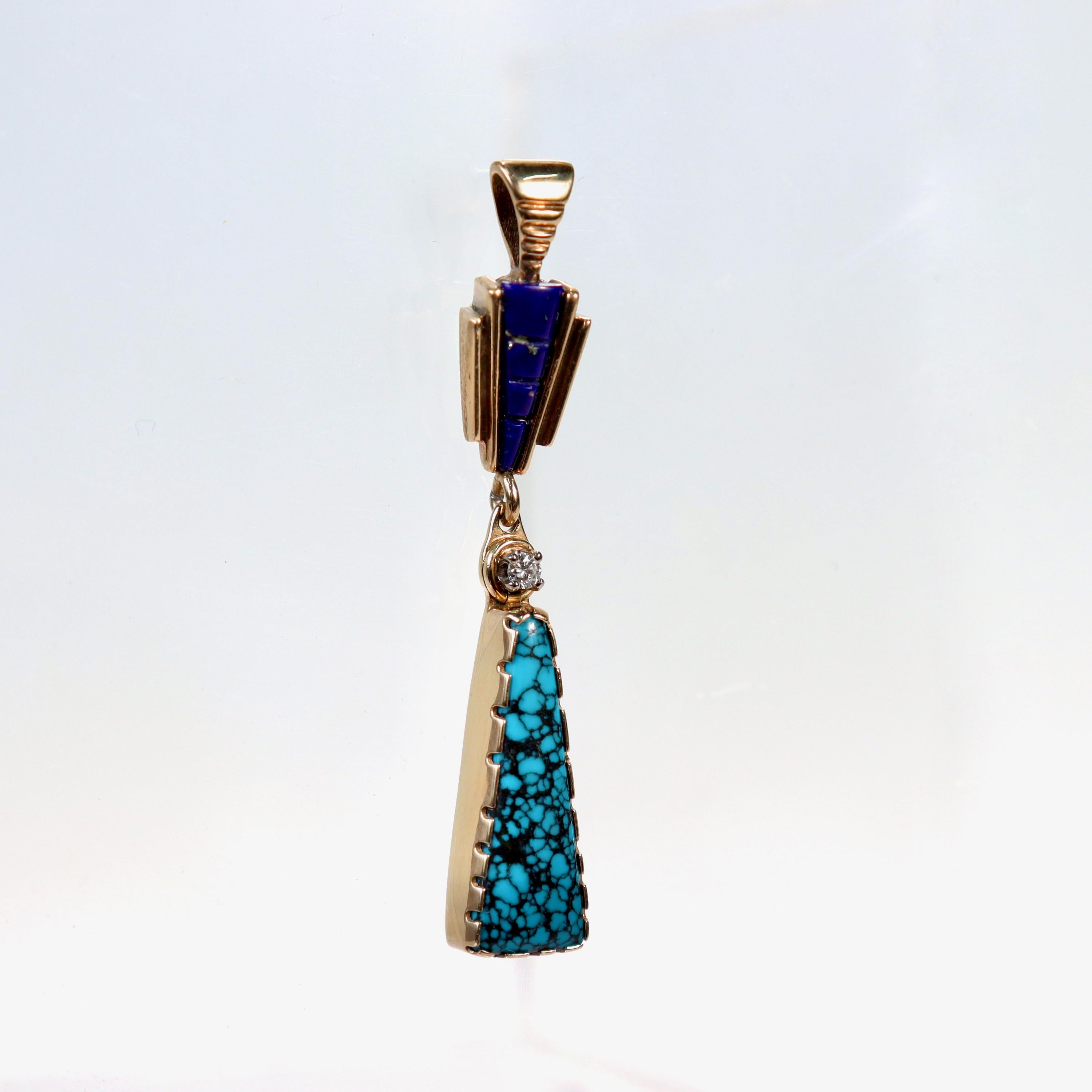 Native American Signed Southwestern 14K Yellow Gold, Turquoise, Lapis, & Diamond Pendant For Sale