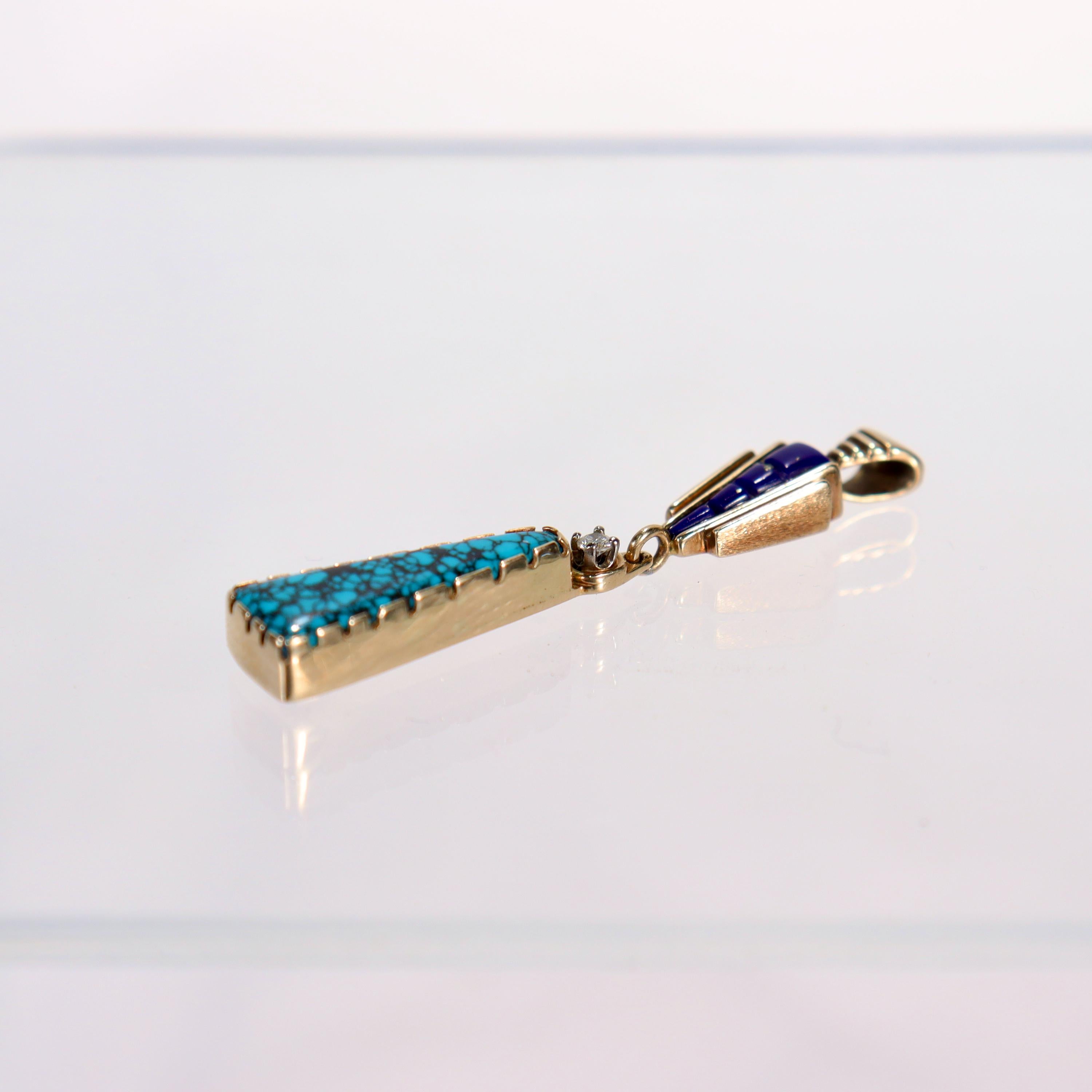 Signed Southwestern 14K Yellow Gold, Turquoise, Lapis, & Diamond Pendant For Sale 2