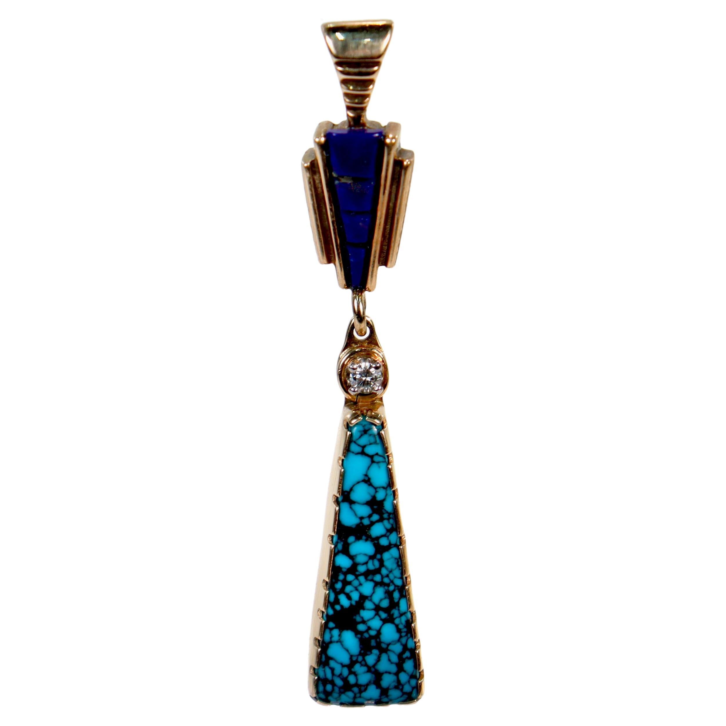 Signed Southwestern 14K Yellow Gold, Turquoise, Lapis, & Diamond Pendant For Sale