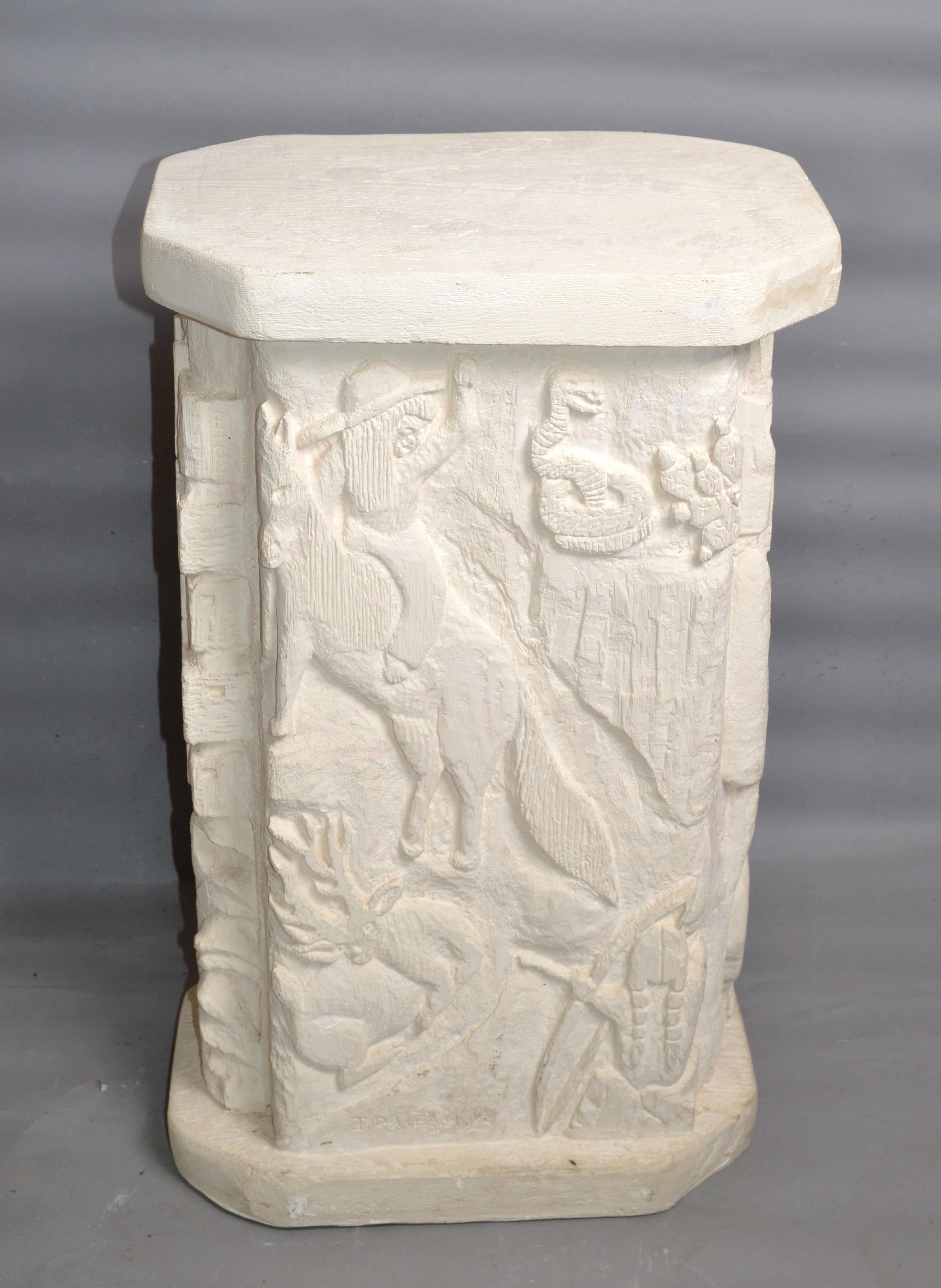 Signed Southwestern Folk Art Carved Sculptural Plaster Pedestal Column Table 80s For Sale 3