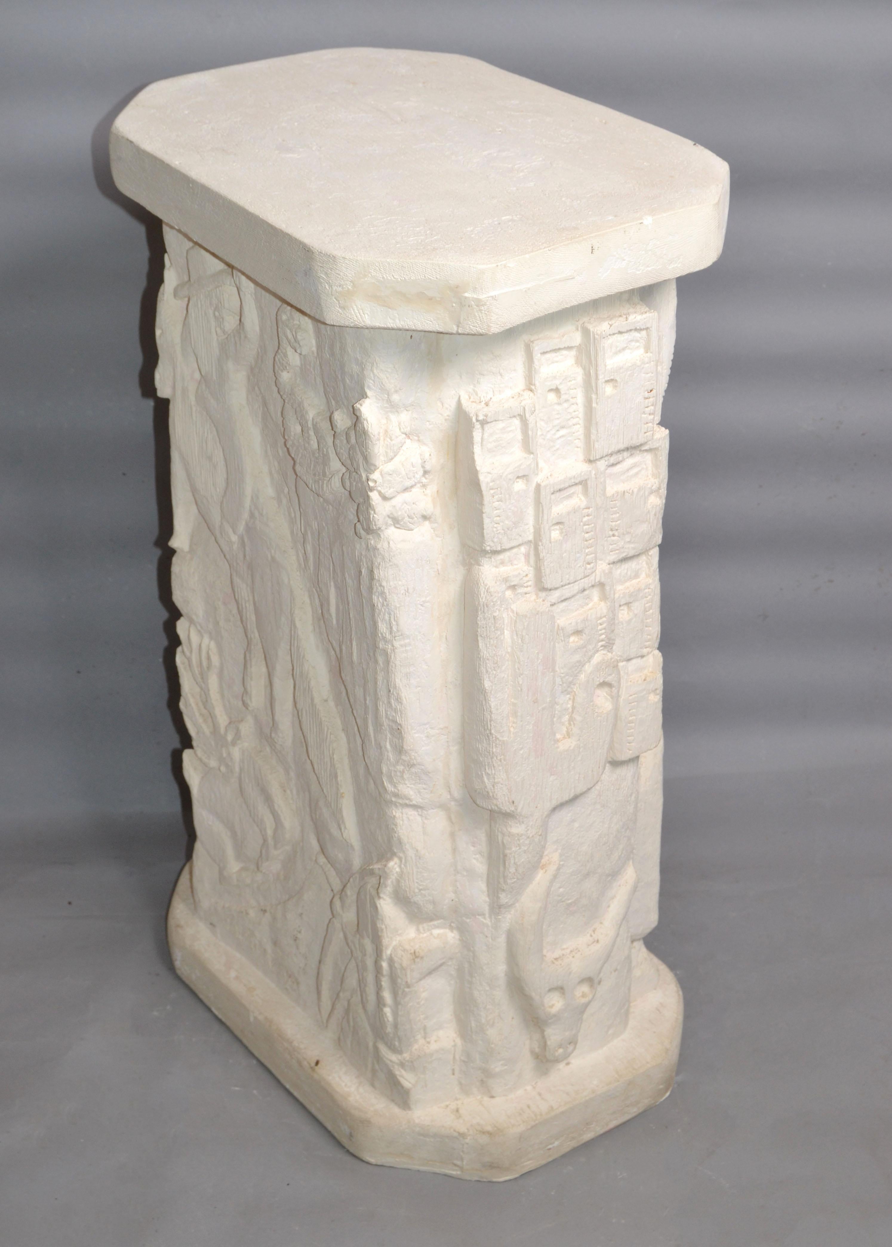 Signed Southwestern Folk Art Carved Sculptural Plaster Pedestal Column Table 80s For Sale 4