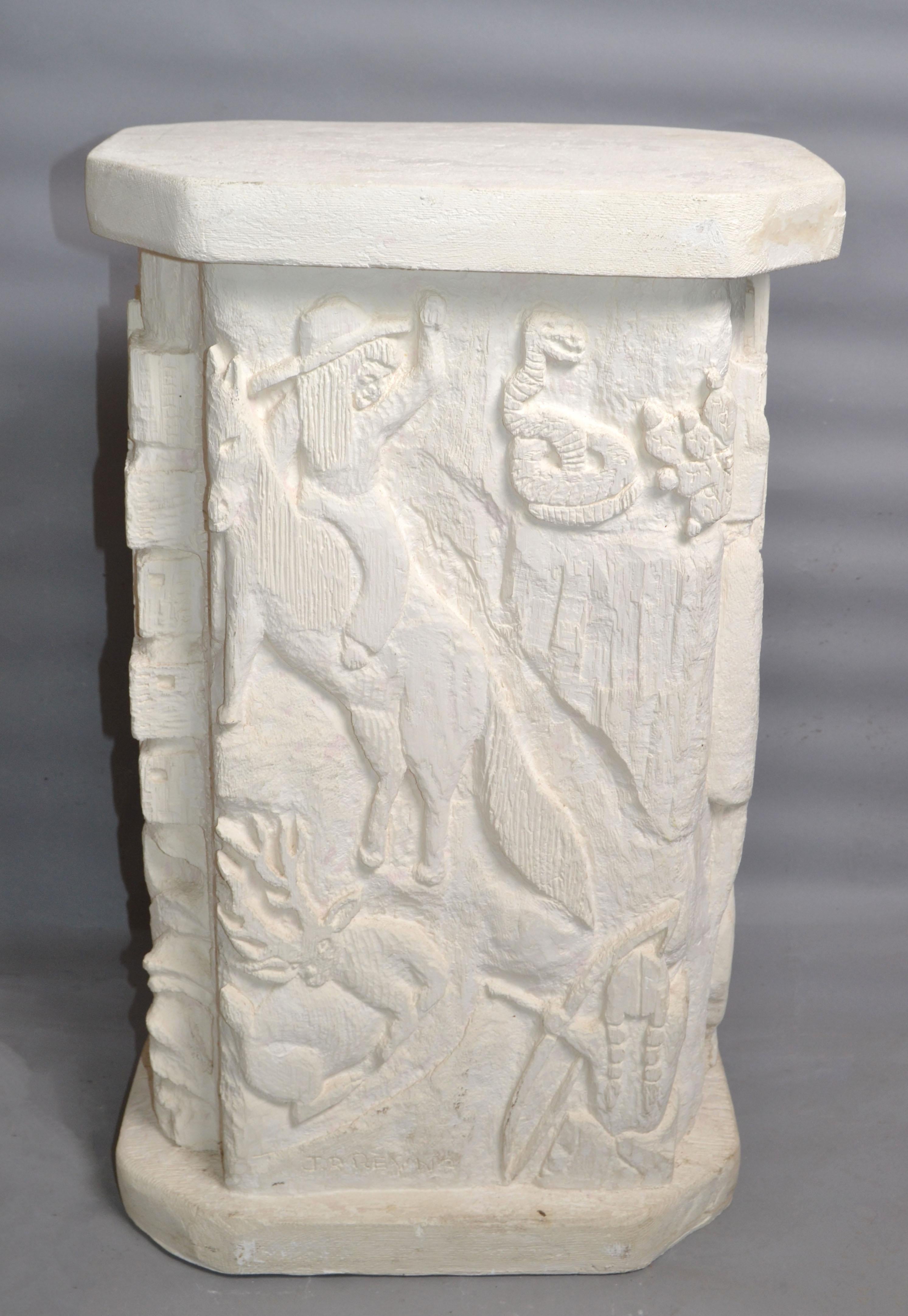Signed Southwestern Folk Art Carved Sculptural Plaster Pedestal Column Table 80s For Sale 5