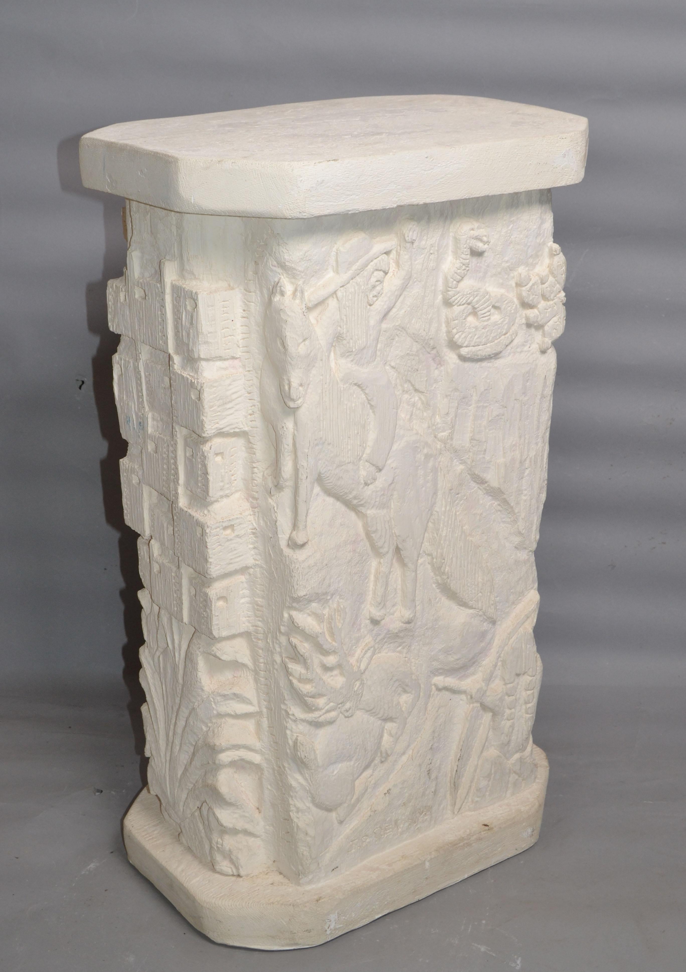 American Southwestern Style Folk Art hand-carved plaster center table, pedestal, column or console table.
Beautifully crafted and depicting Southwestern scenes all around. 
Can be used as a sculpture or with a glass top as a coffee table, center