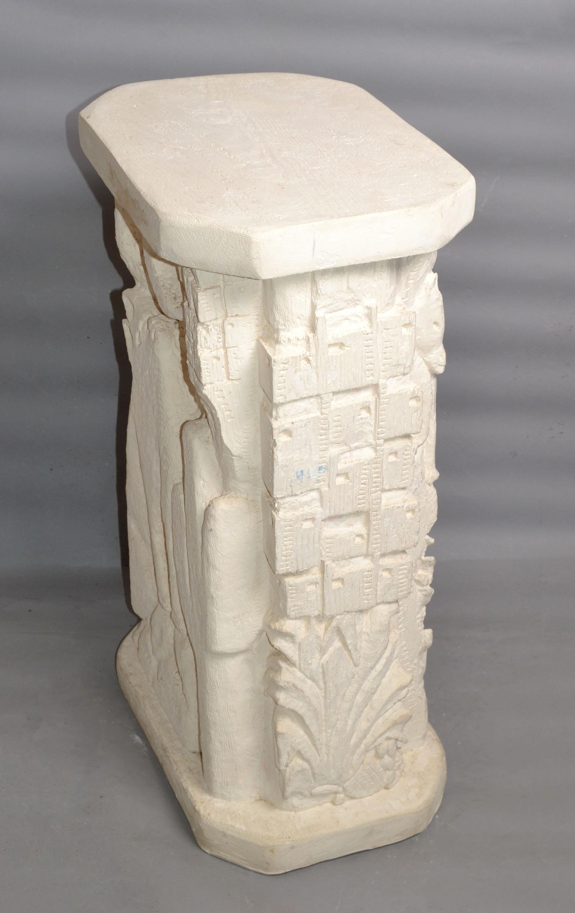 American Signed Southwestern Folk Art Carved Sculptural Plaster Pedestal Column Table 80s For Sale