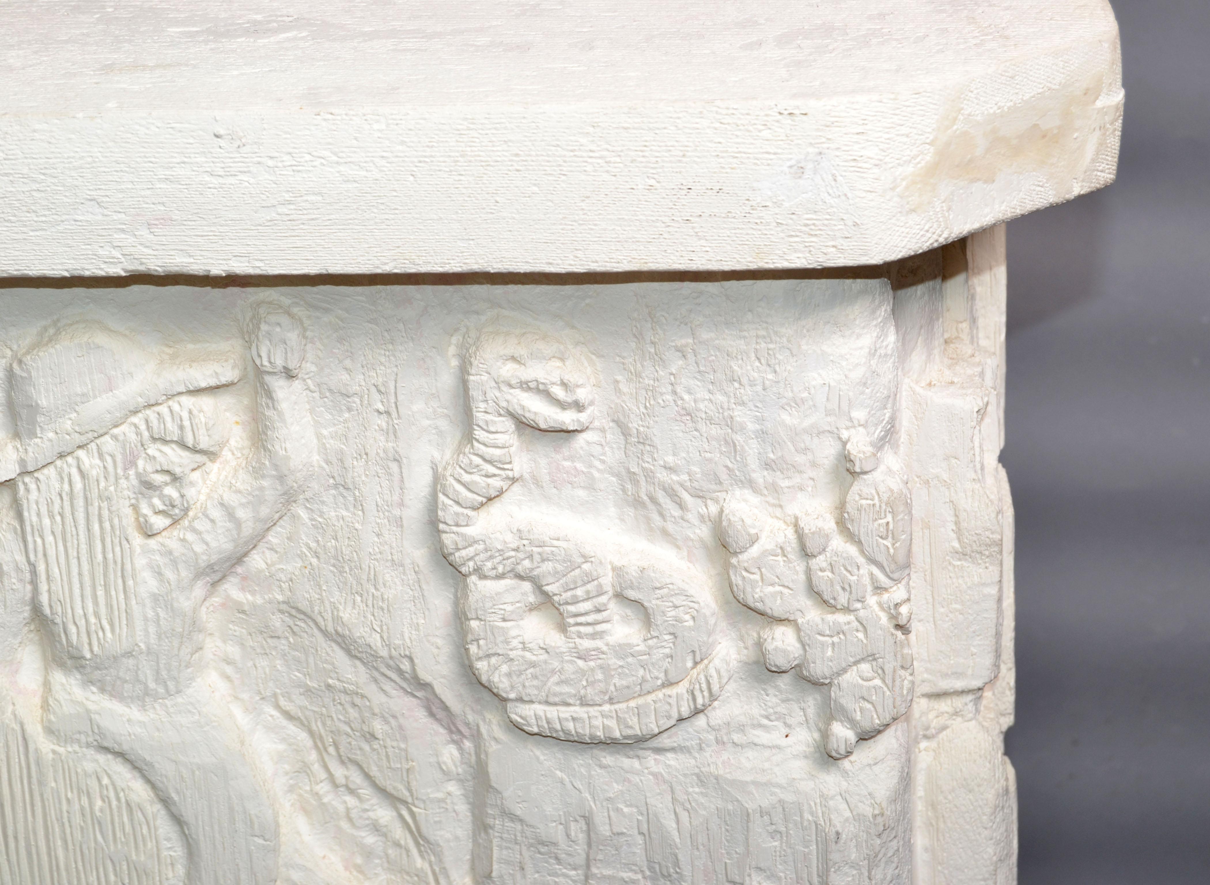 Hand-Crafted Signed Southwestern Folk Art Carved Sculptural Plaster Pedestal Column Table 80s For Sale