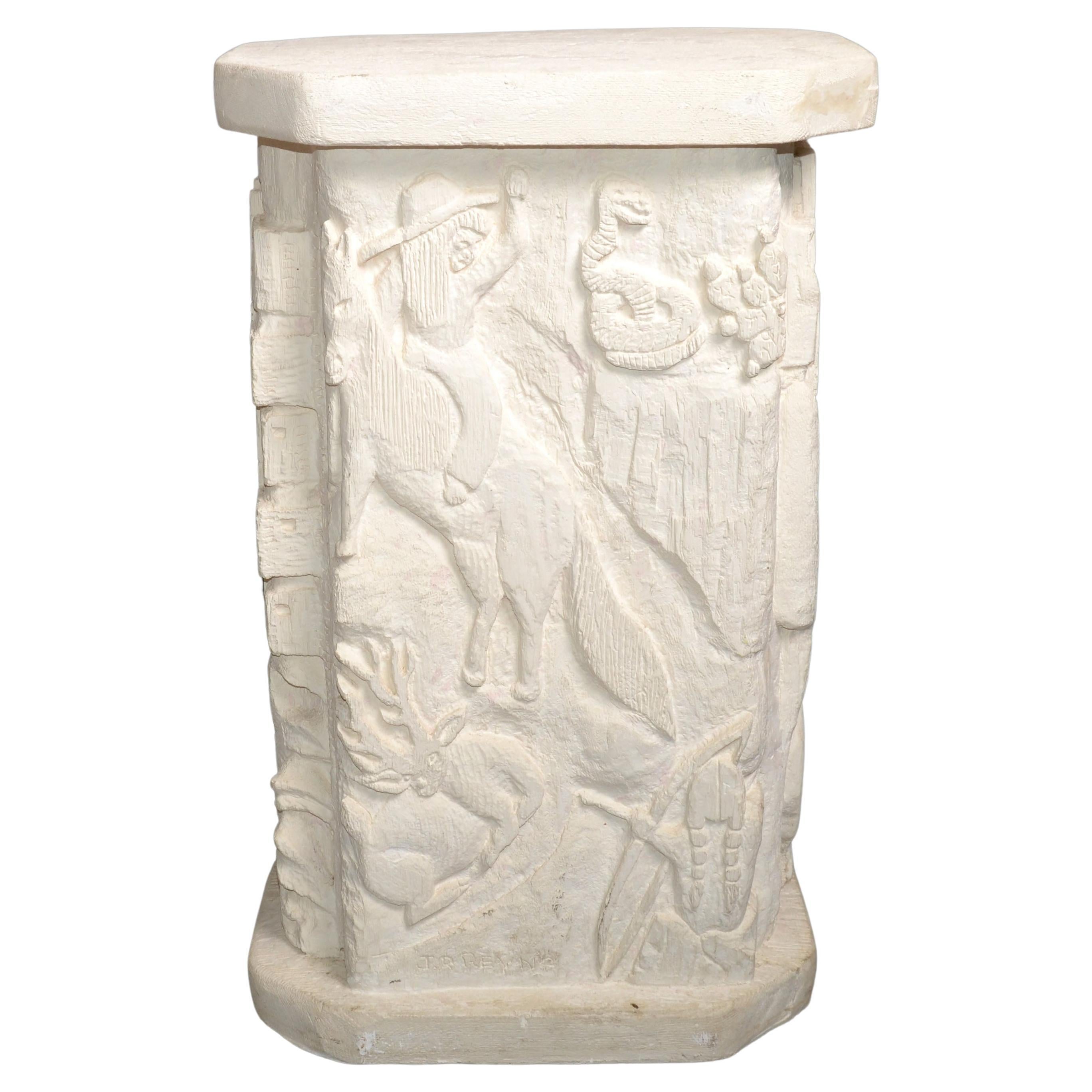Signed Southwestern Folk Art Carved Sculptural Plaster Pedestal Column Table 80s For Sale