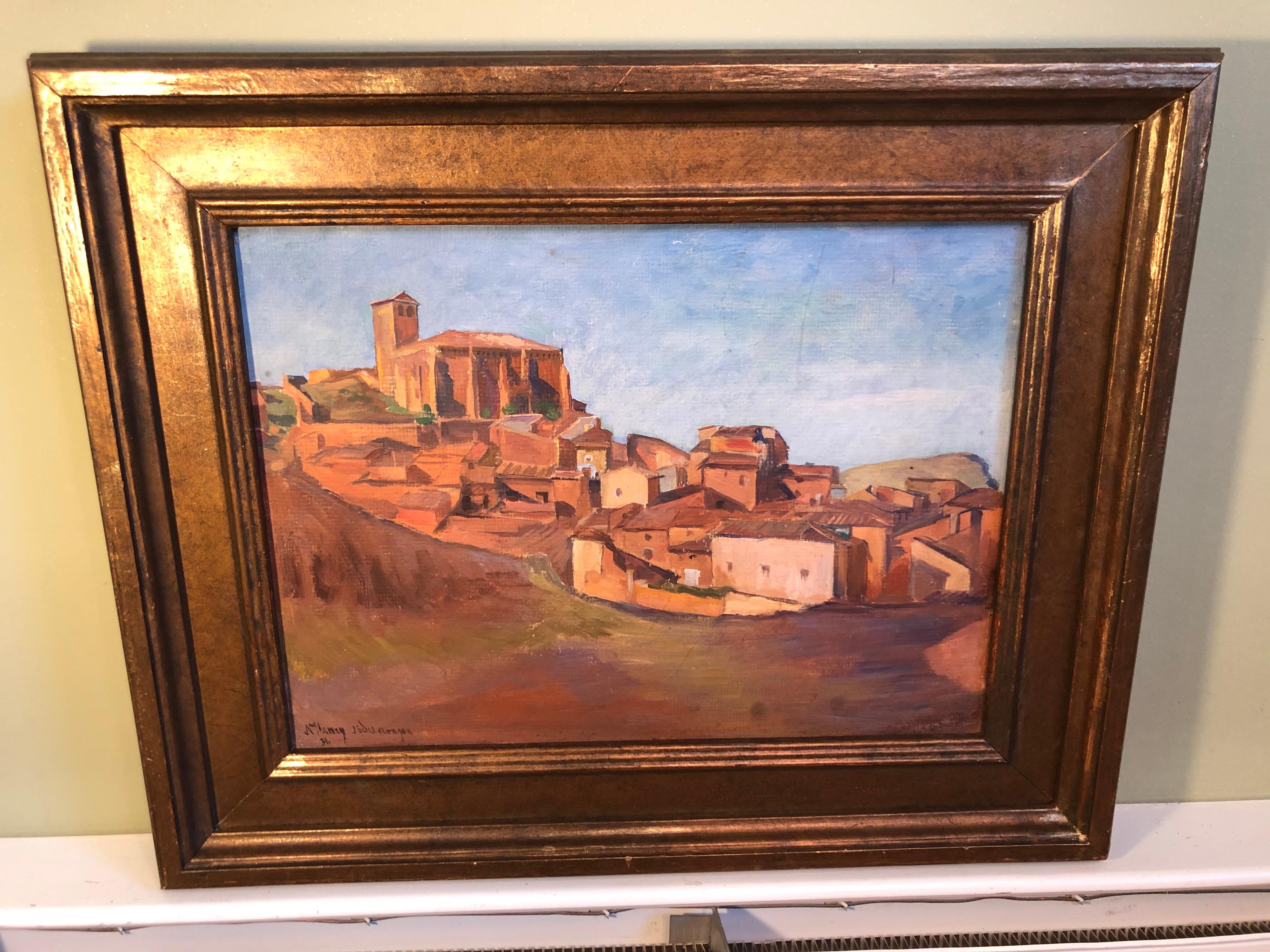 Signed Southwestern painting of the Aragon Region in Spain.
Dated 1931. Oil on board, gilt solid wooden antique frame.