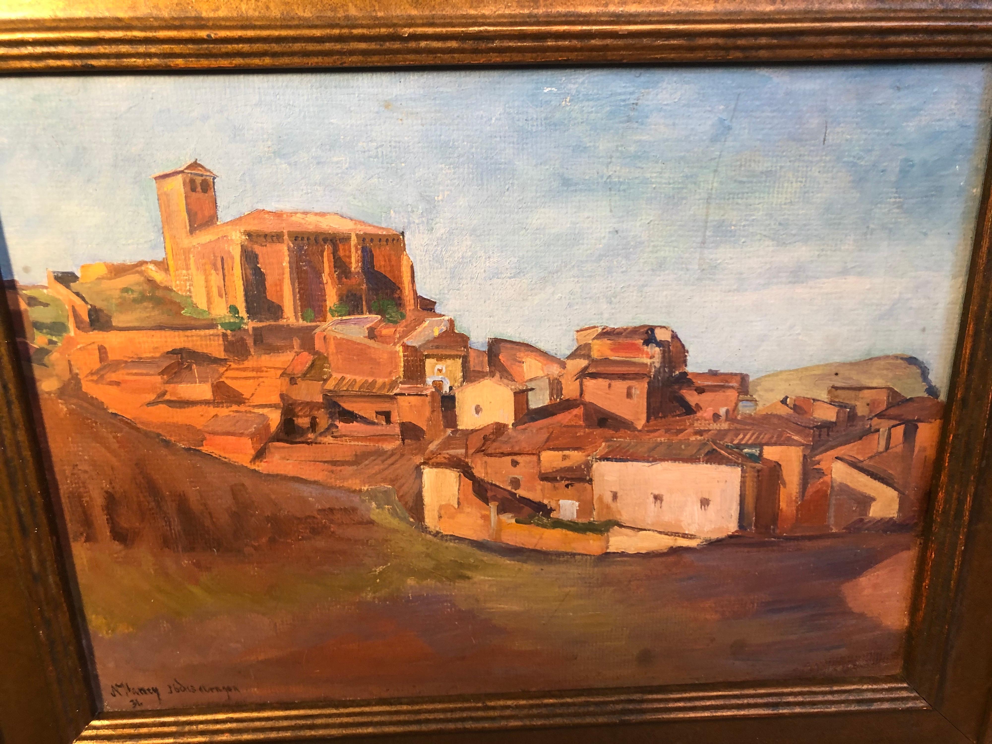 Hand-Painted Signed painting on Board of the Aragon Region in Spain , 1931 For Sale