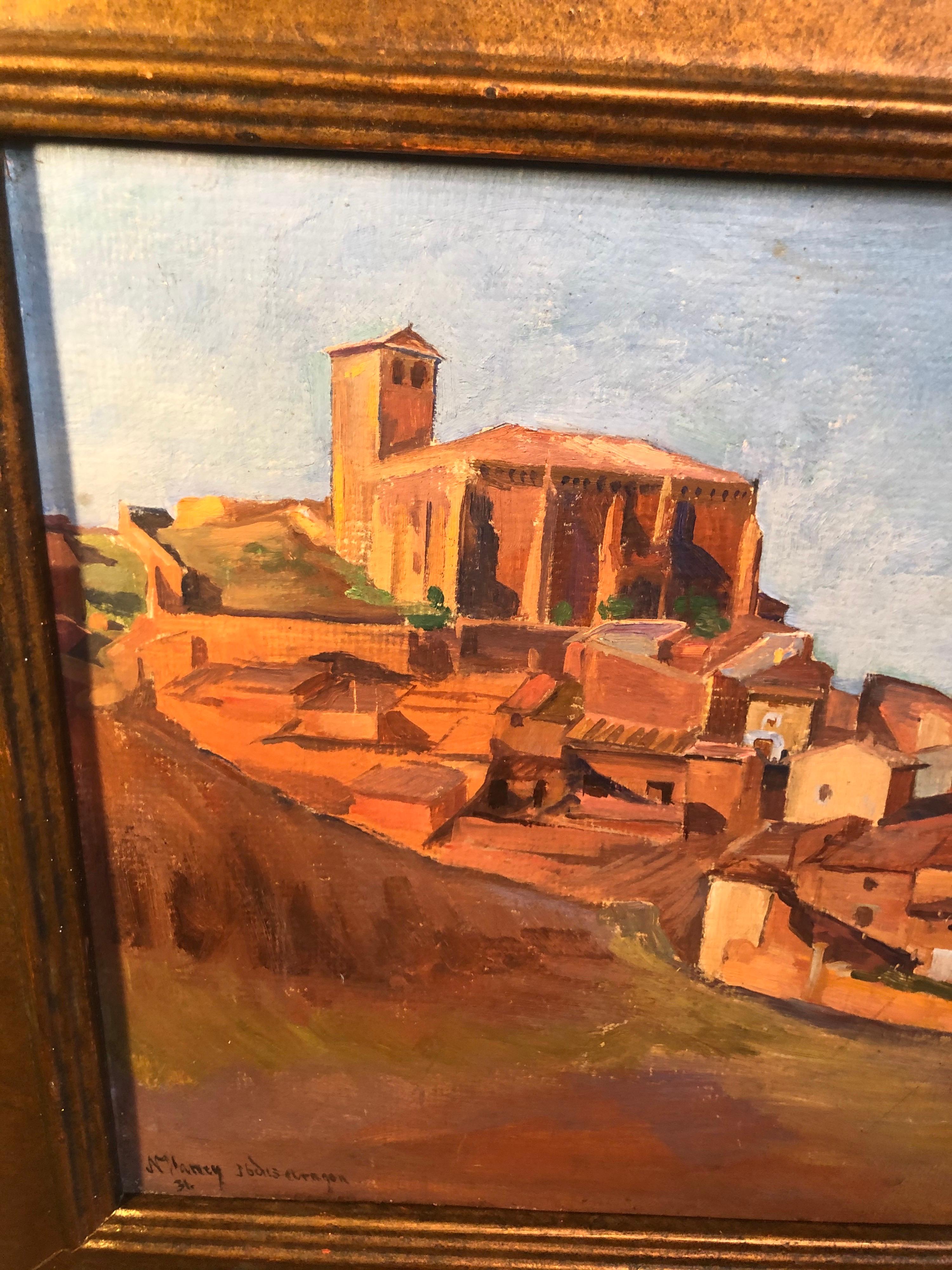 Signed painting on Board of the Aragon Region in Spain , 1931 In Good Condition For Sale In Redding, CT
