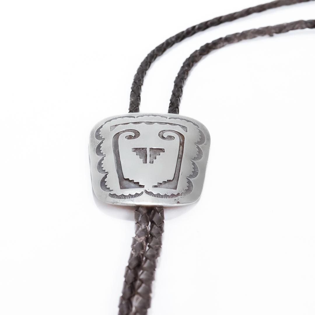 Signed Southwestern Silver & Leather Bolo Tie For Sale 8