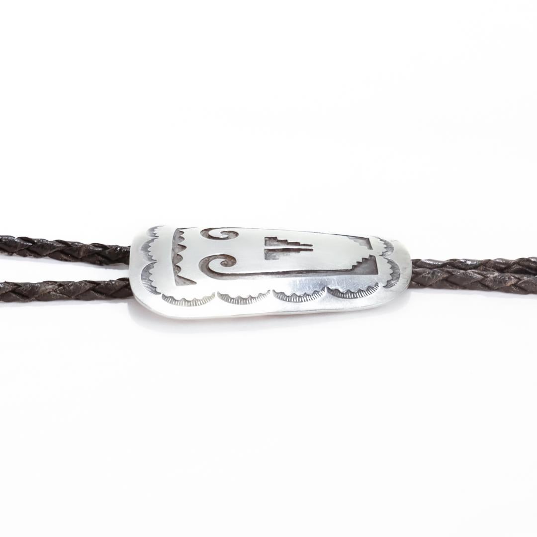 Signed Southwestern Silver & Leather Bolo Tie For Sale 9
