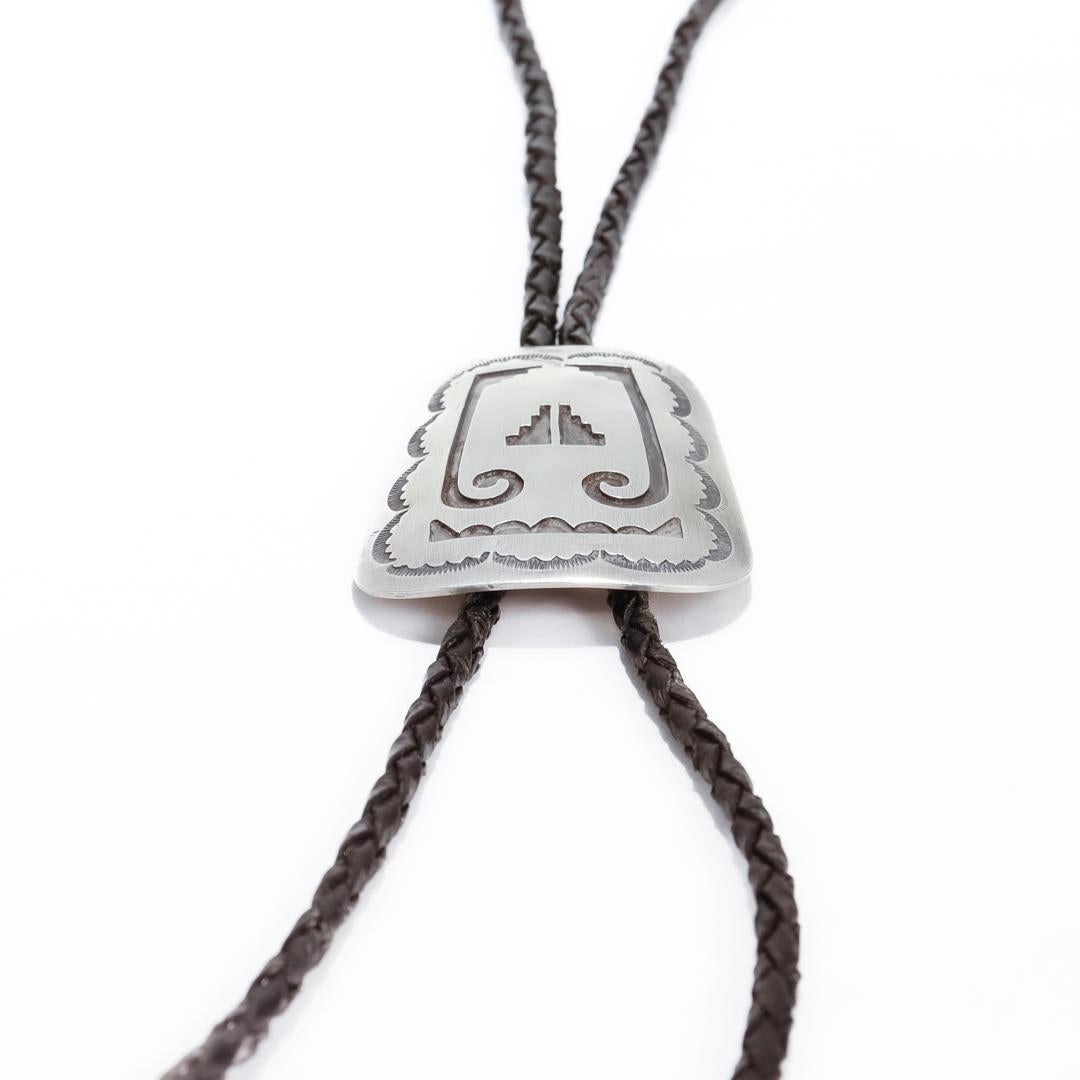 Signed Southwestern Silver & Leather Bolo Tie For Sale 10